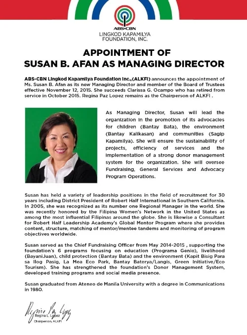 Woo Hoo! Susan Afan (U.S. FWN100 '07, Global FWN100 '15) Appointed Managing Director of ABS-CBN Lingkod Kapamilya Foundation (Philippines)