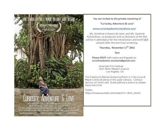 FILM SCREENING: Curiosity, Adventure & Love: co-produced by Sunshine Lichauco de Leon: Los Angeles (Nov. 17); San Francisco (Nov. 19)