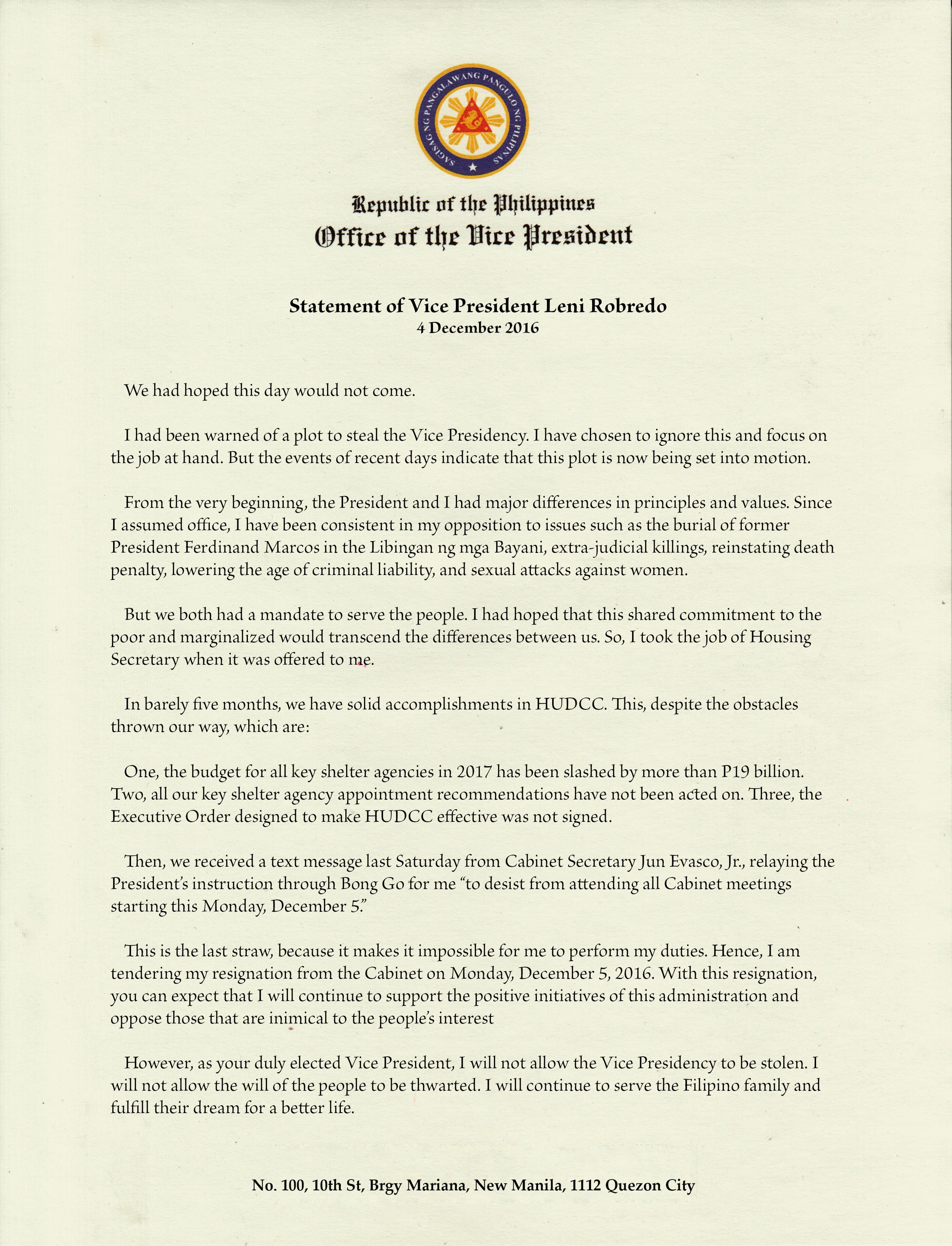 Philippines Vice President Leni Robredo Resigns From President Duterte's Cabinet