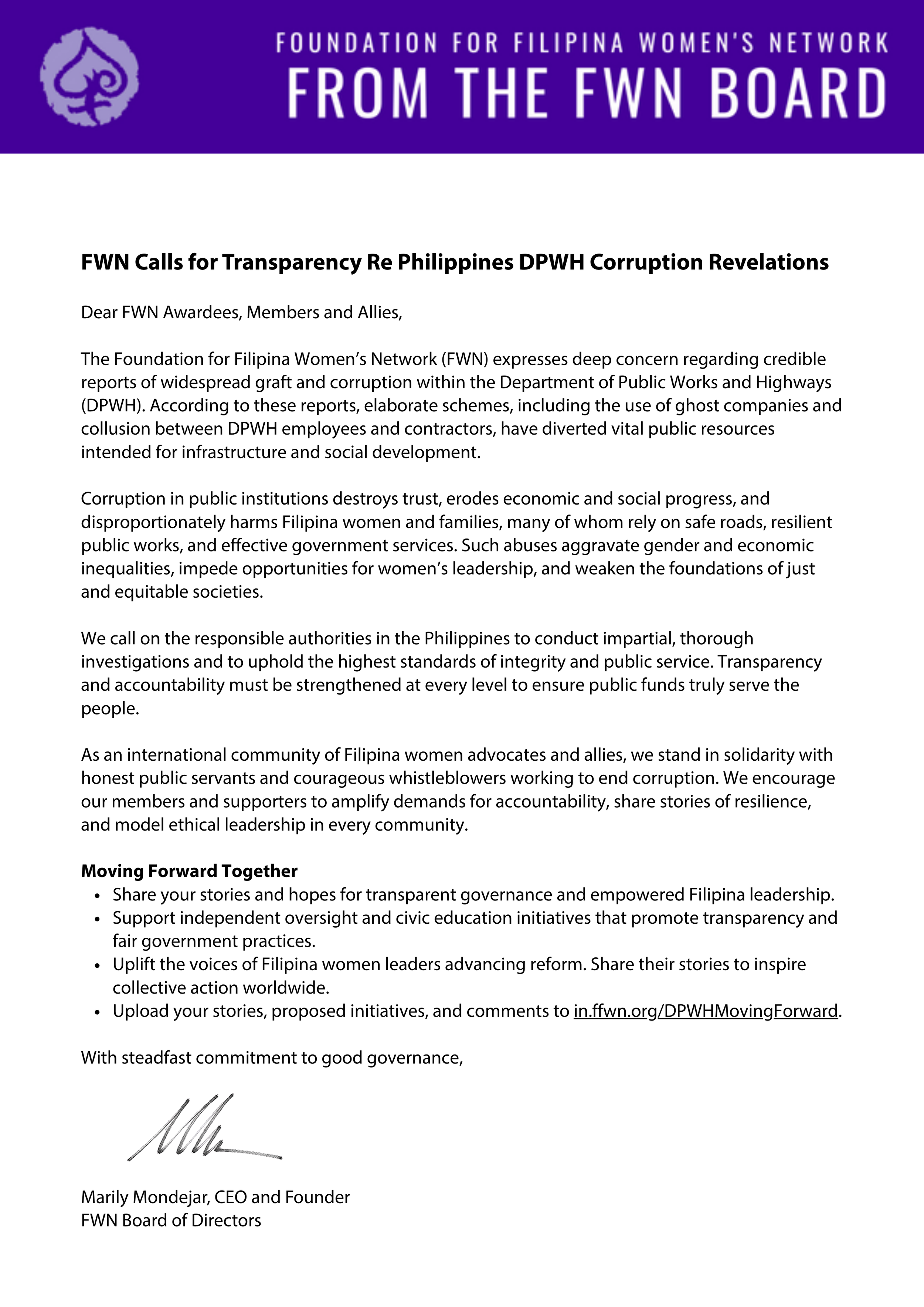FWN Calls for Transparency Re Philippines DPWH Corruption Revelations