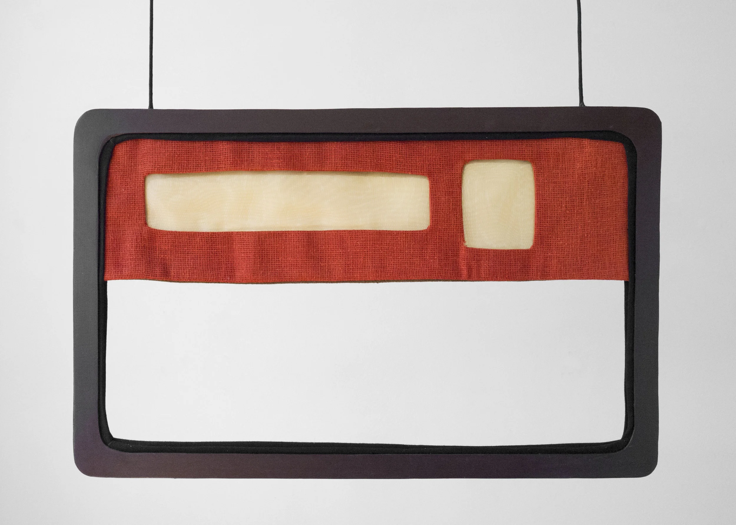 Riding In-Between Two Cars (double sided painting) Found fabric, acrylic on panel, rope 2017 24 x 15 inches + varied rope length