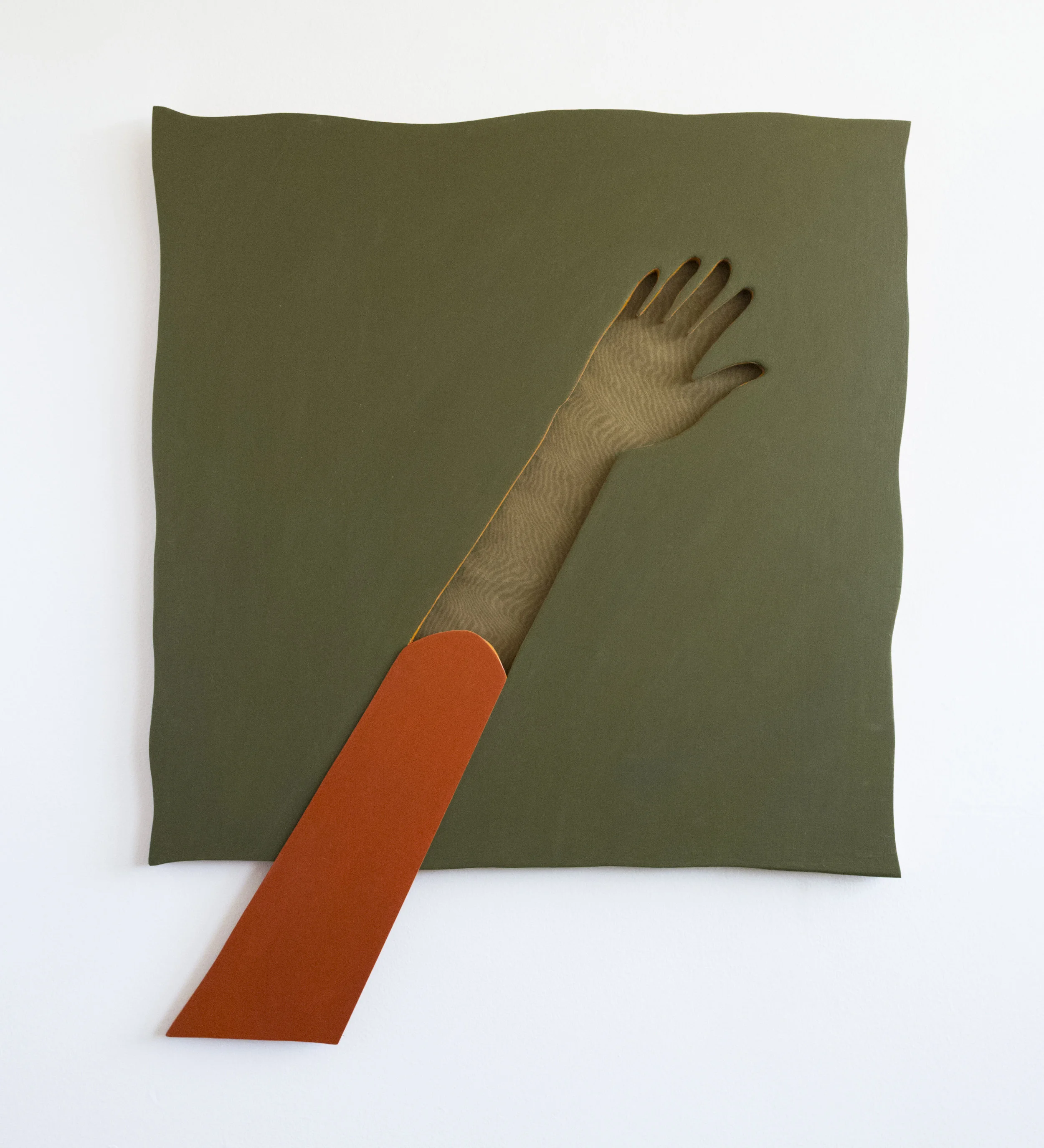 Reaching Through the Death Veil 2018 Acrylic on wooden panel, found fabric 19 x 24 inches