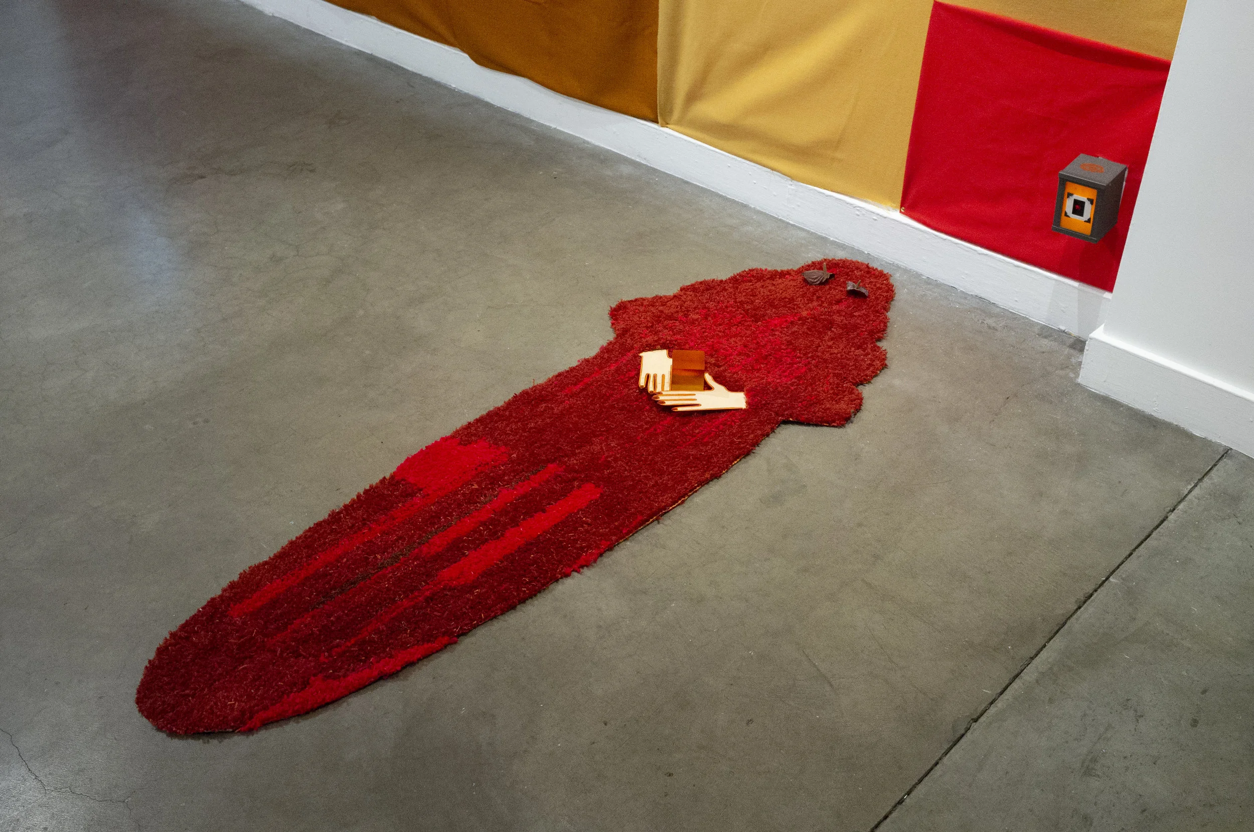 Bask (installation) 2019 Rug, acrylic on wood panel, resin cube, dried anthurium flowers 67 x 24 inches