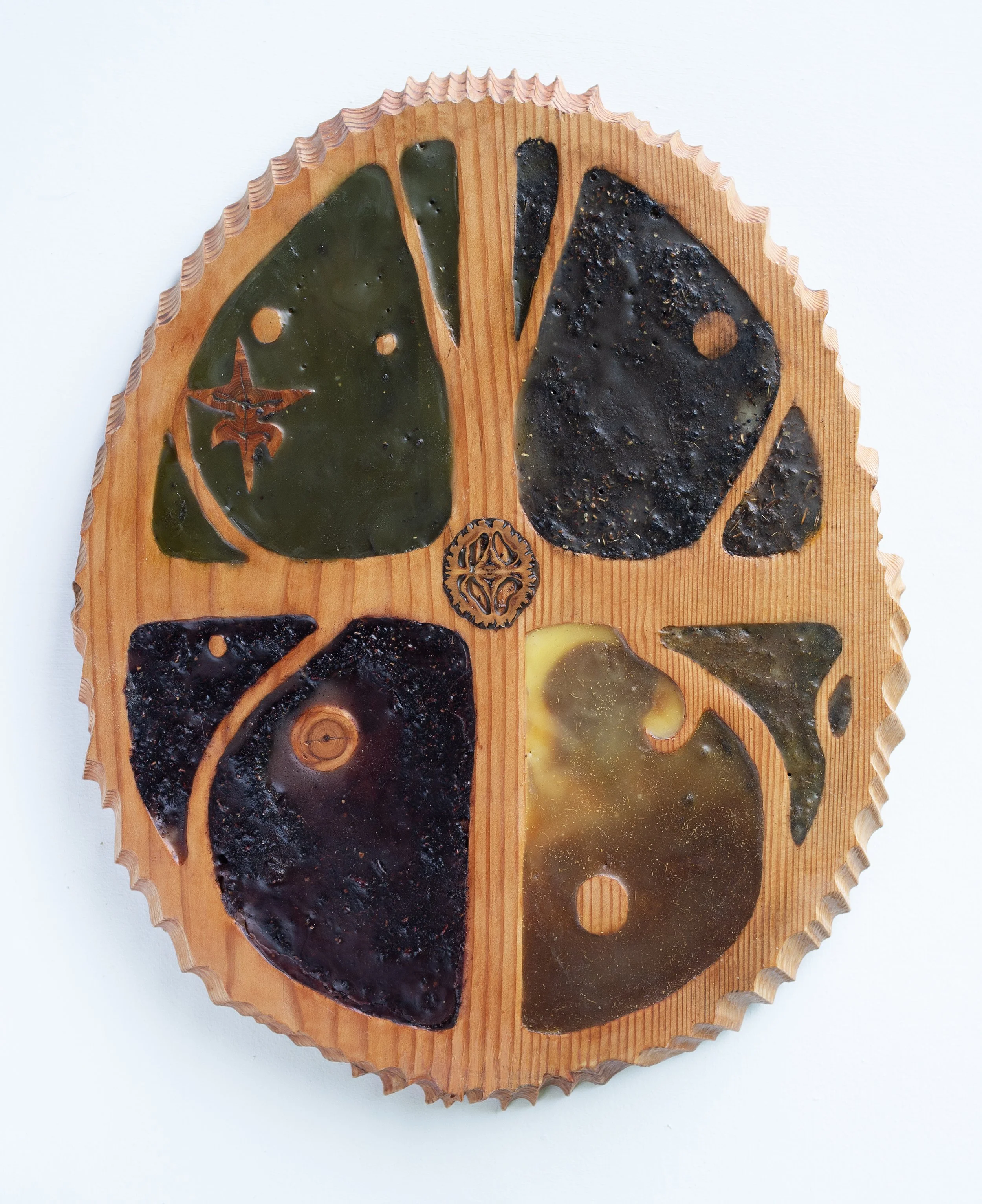 Four Humor Remedies, 
2026,
Pine, walnut shell, matcha, soil, hibiscus, rose, chinese herbal tea, calendula, Coq10, beeswax,
11.5 x 14 x 1 inches
