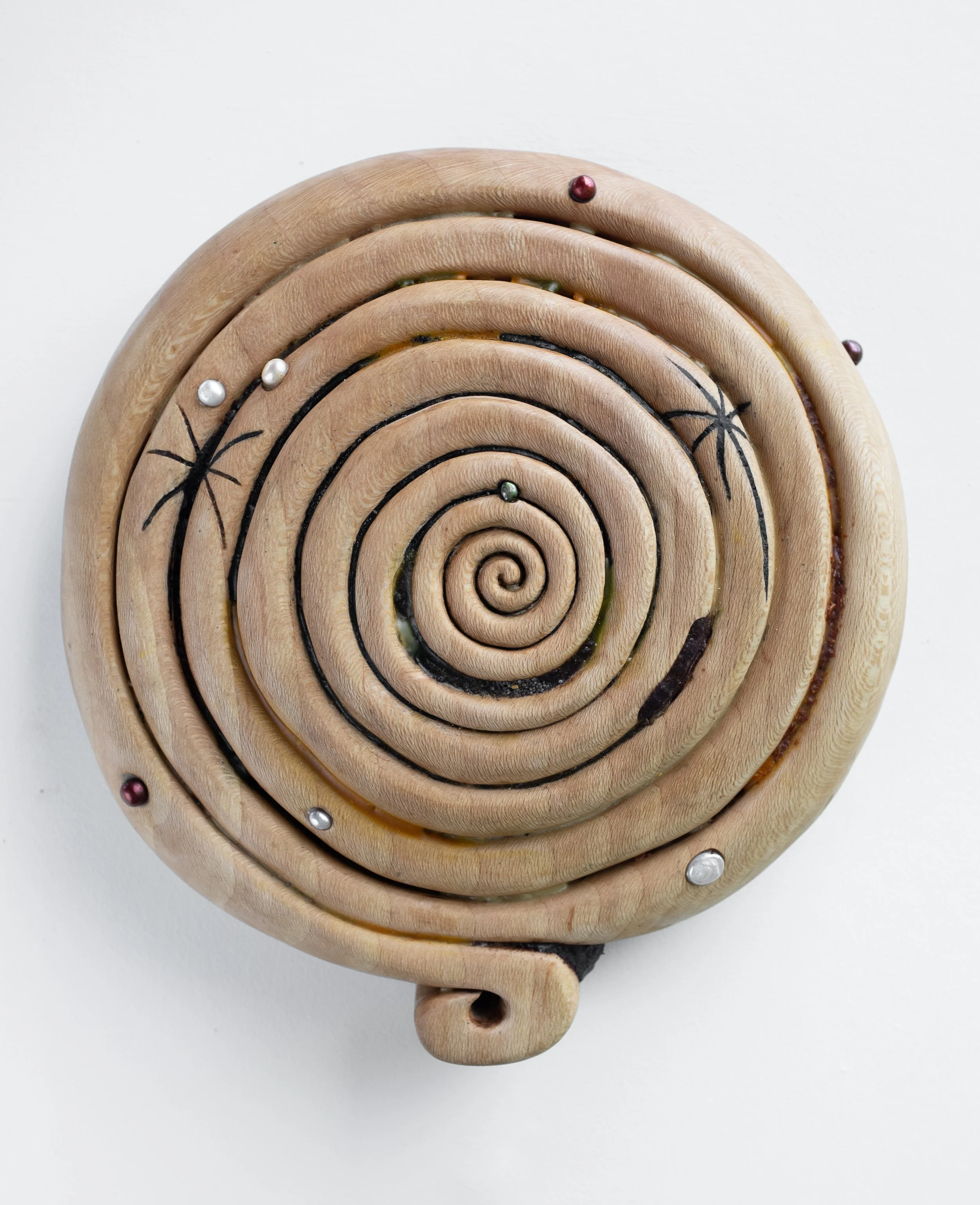 Moxibustion,
2026,
Birch, pearls, beeswax, moxa, mugwort, rose, coQ10,
10 x 11 x 4 inches