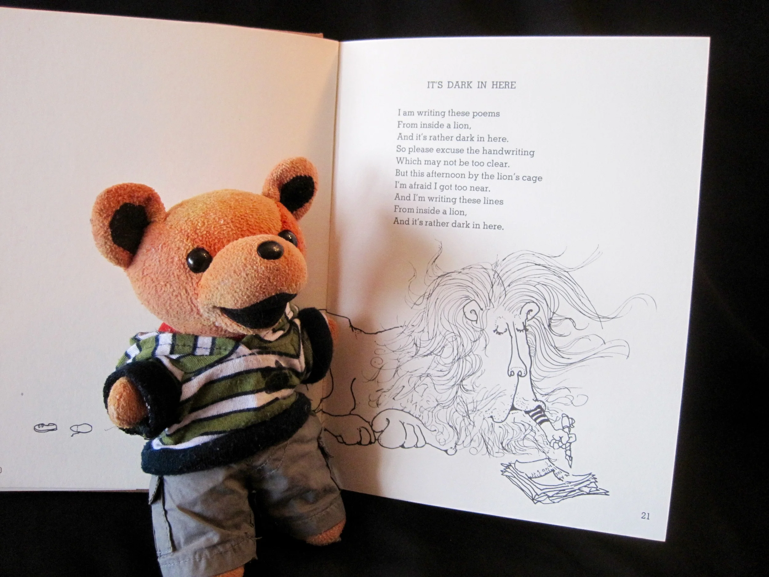 We love Shel Silverstein's poetry books! (Pictured with Little Bear: "It's Dark in Here" from "Where the Sidewalk Ends"