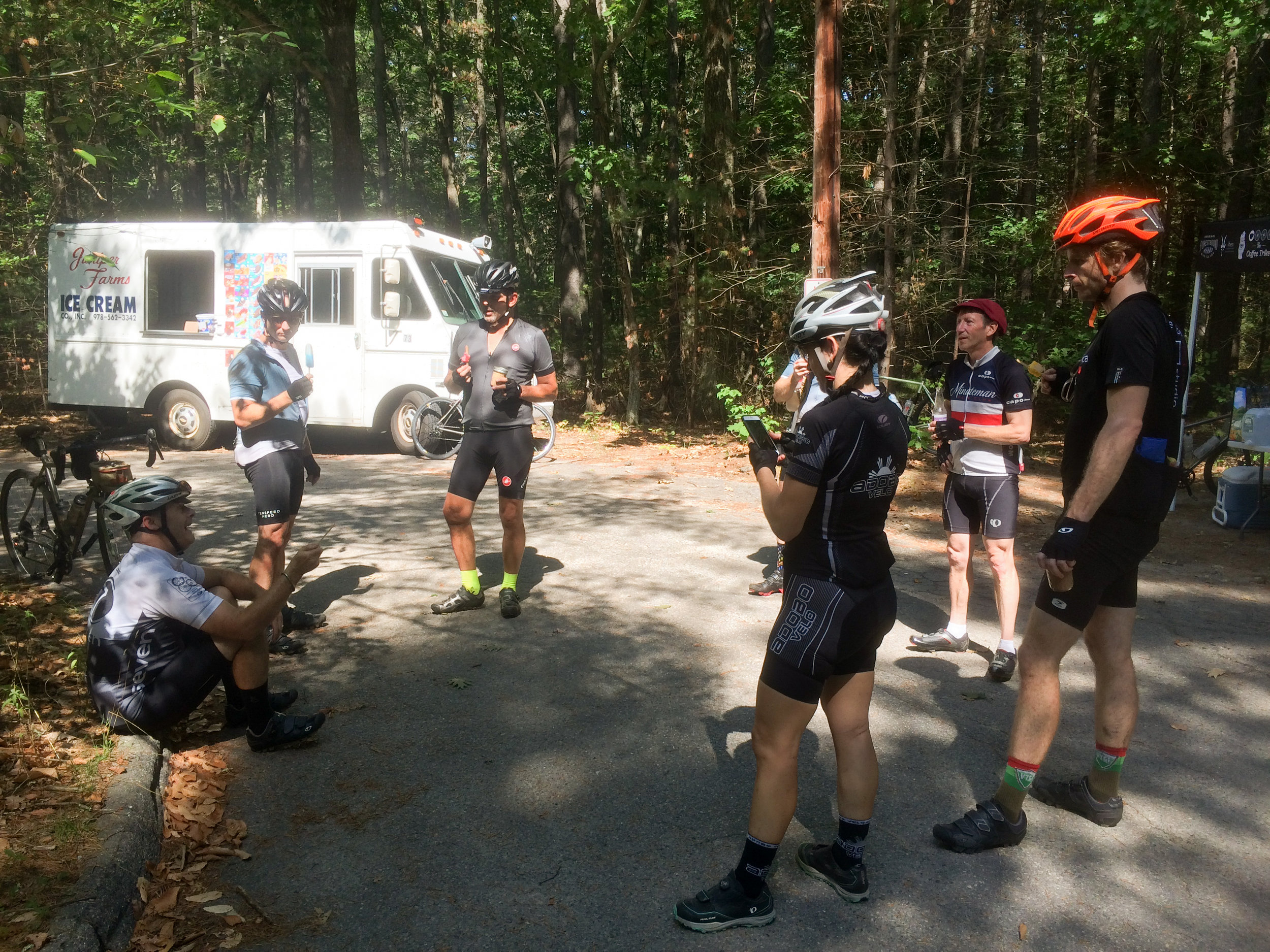 Riders enjoying ice cream, popsicles, and iced mochas 