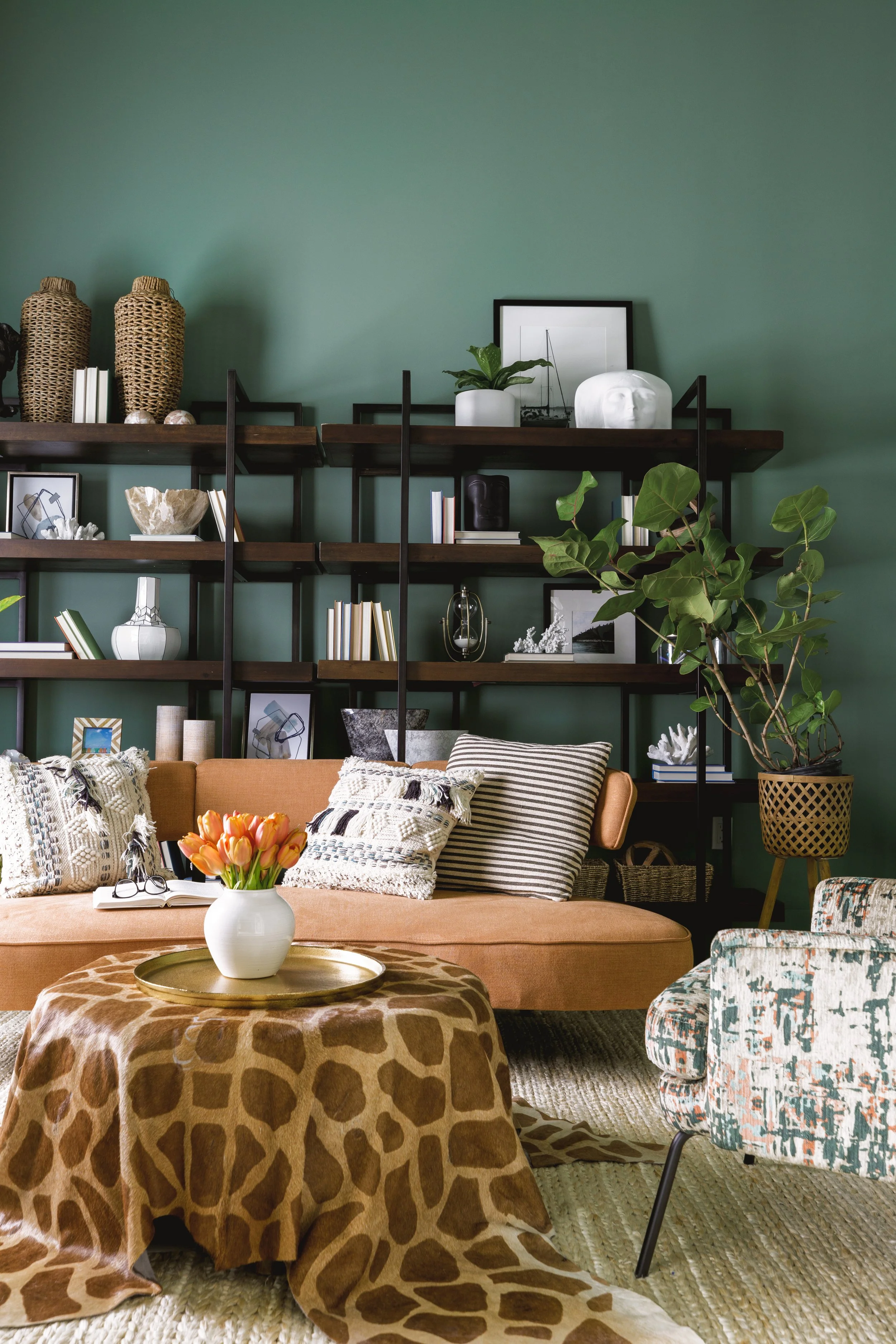 residential-living-room-styled-shelving-green-walls
