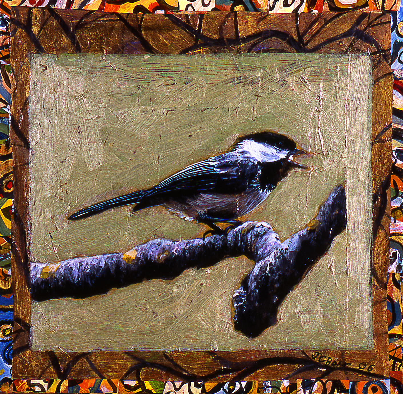 Black-Capped Chickadee, 2006, 11 ½” x 11 ½”, gouache and acrylic on wood, Sold