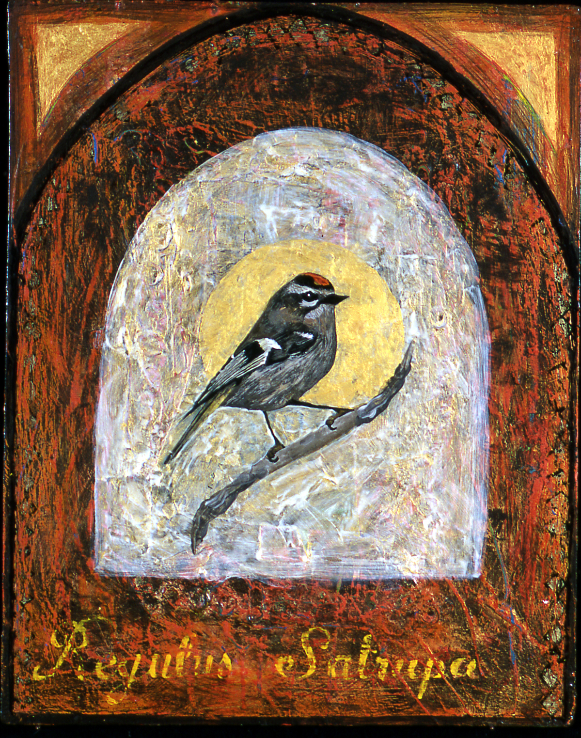 Golden Crowned Kinglet II, 2001, 18 x 14 ¼, mixed media gouache on wood, Sold