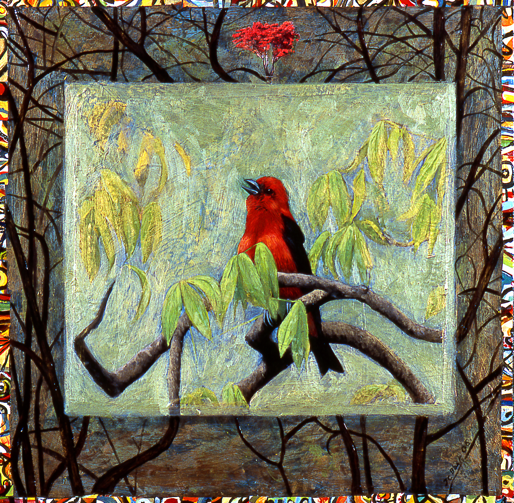 Scarlet Tanager, 2006, 24” x 24”, mixed media gouache and acrylic on wood panel, $2500