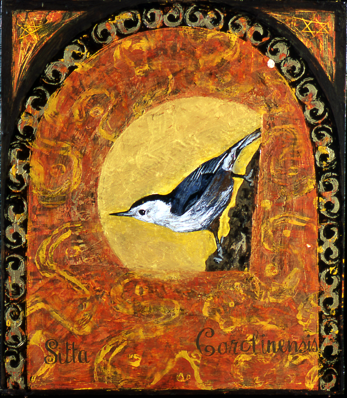 White Breasted Nuthatch, 2001, 14 ½ x 12 ¾, gouache and acrylic on wood, Sold