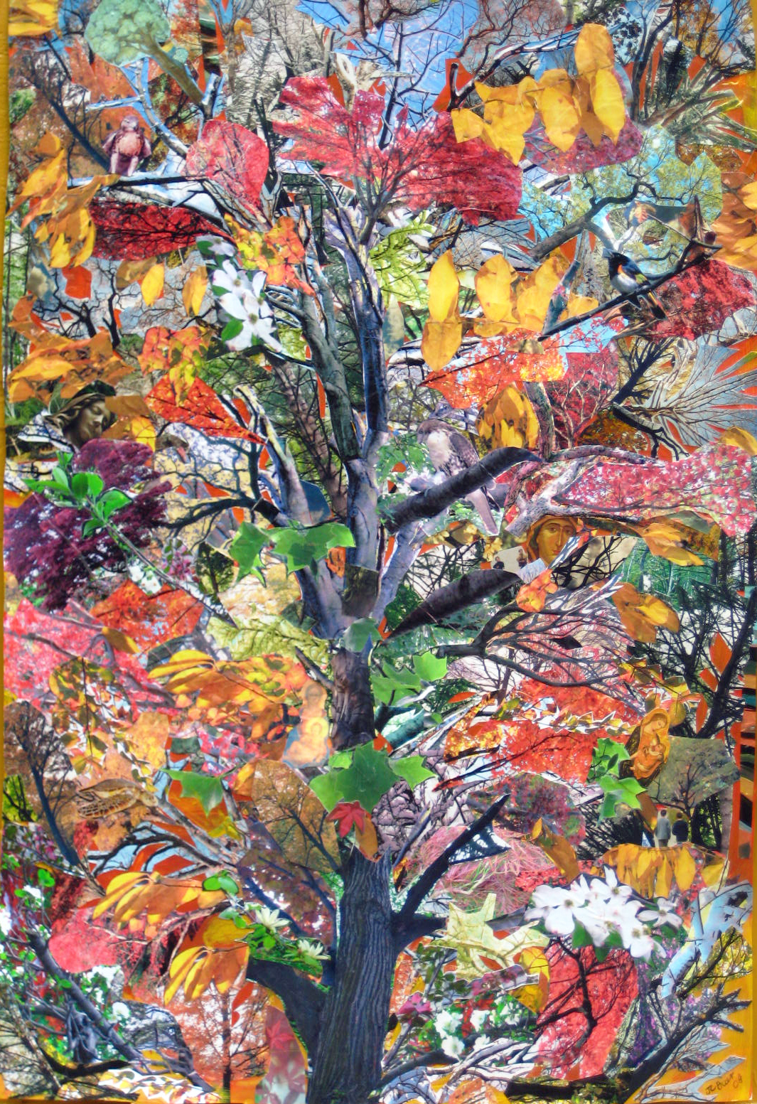 Large Tree Collage Yellow Red, 2009, 47 x 32, acrylic and collage on wood panel, $1500 framed
