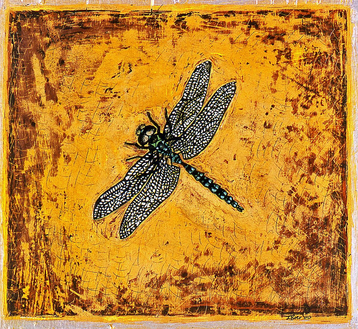 Dragonfly, 2000, 12 ½ x 13 ½, mixed media gouache on wood, Sold 