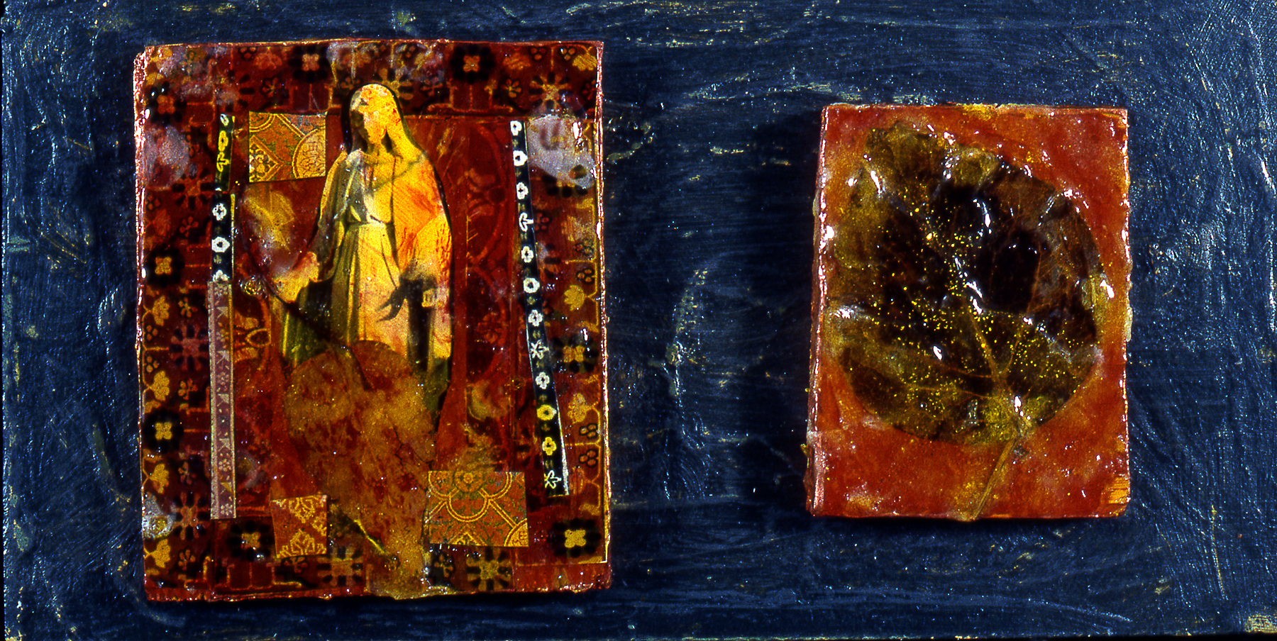Mary Leaf relic, 1999, mixed media on wood panel, $250