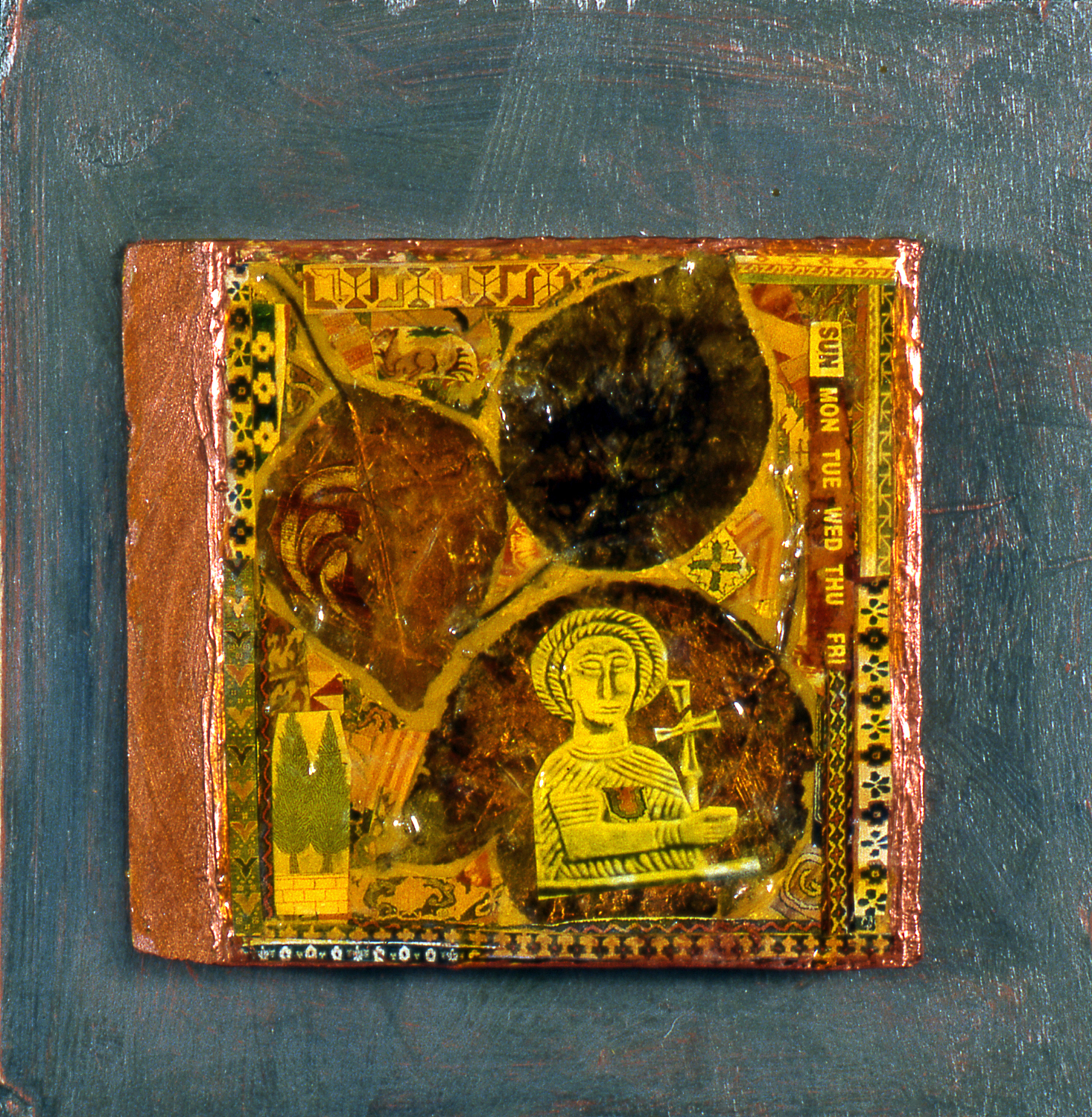 Three Leaves Relic, 1999, mixed media on wooden panel, $400