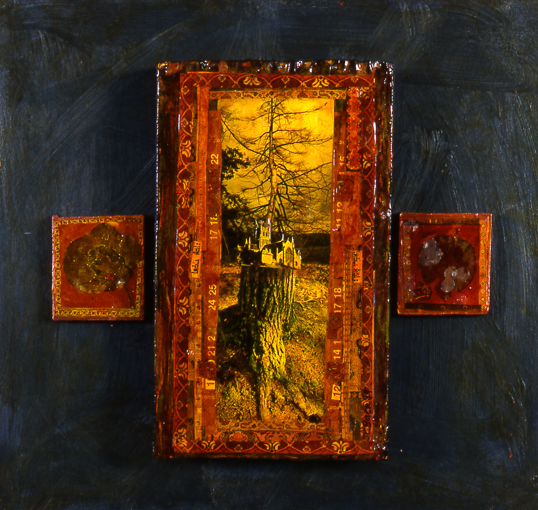 Tree amulet, 1999, Collage mixed media on wood panel, $500