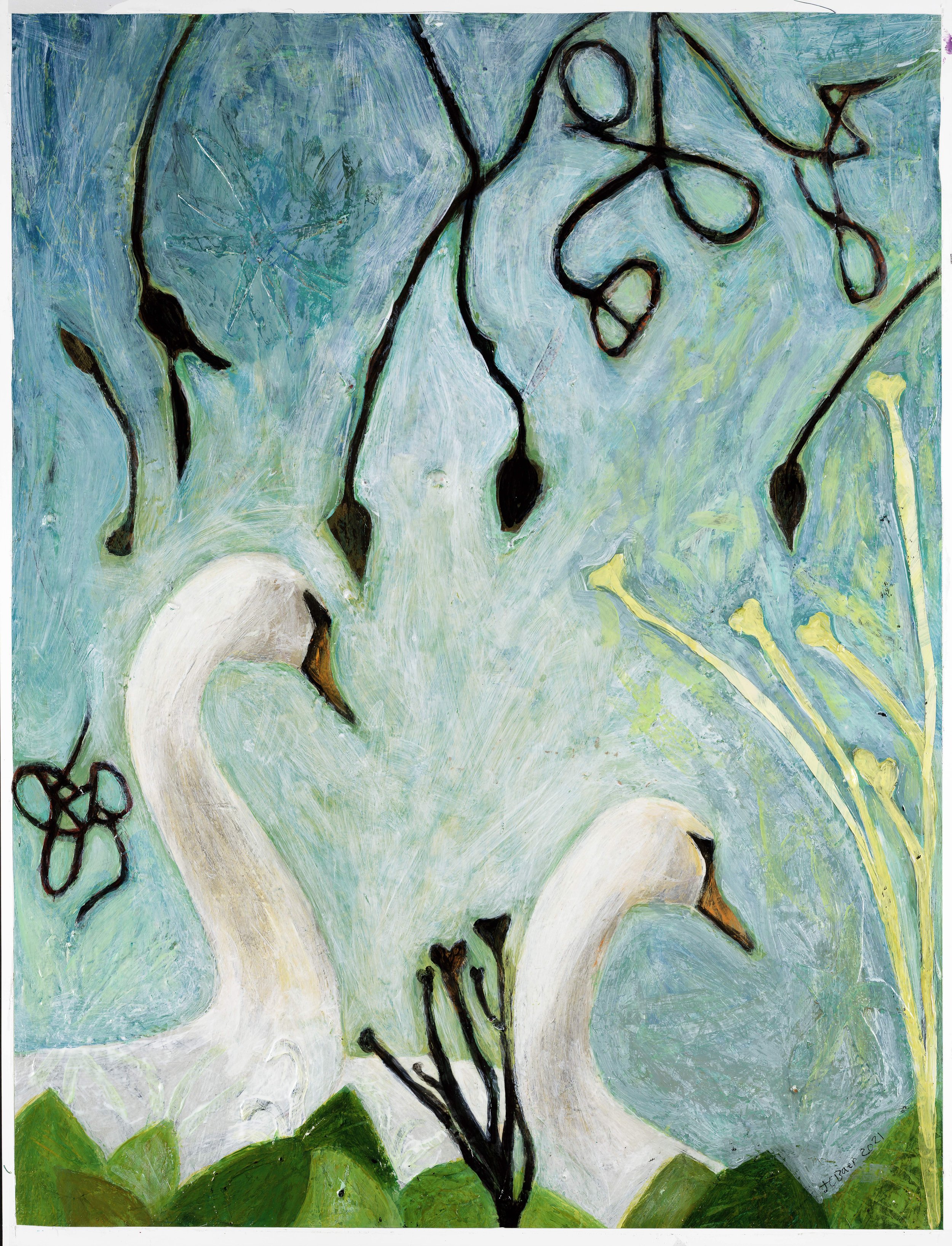 Swan, 2021, acrylic and collage on paper, 26 x 19", SOLD