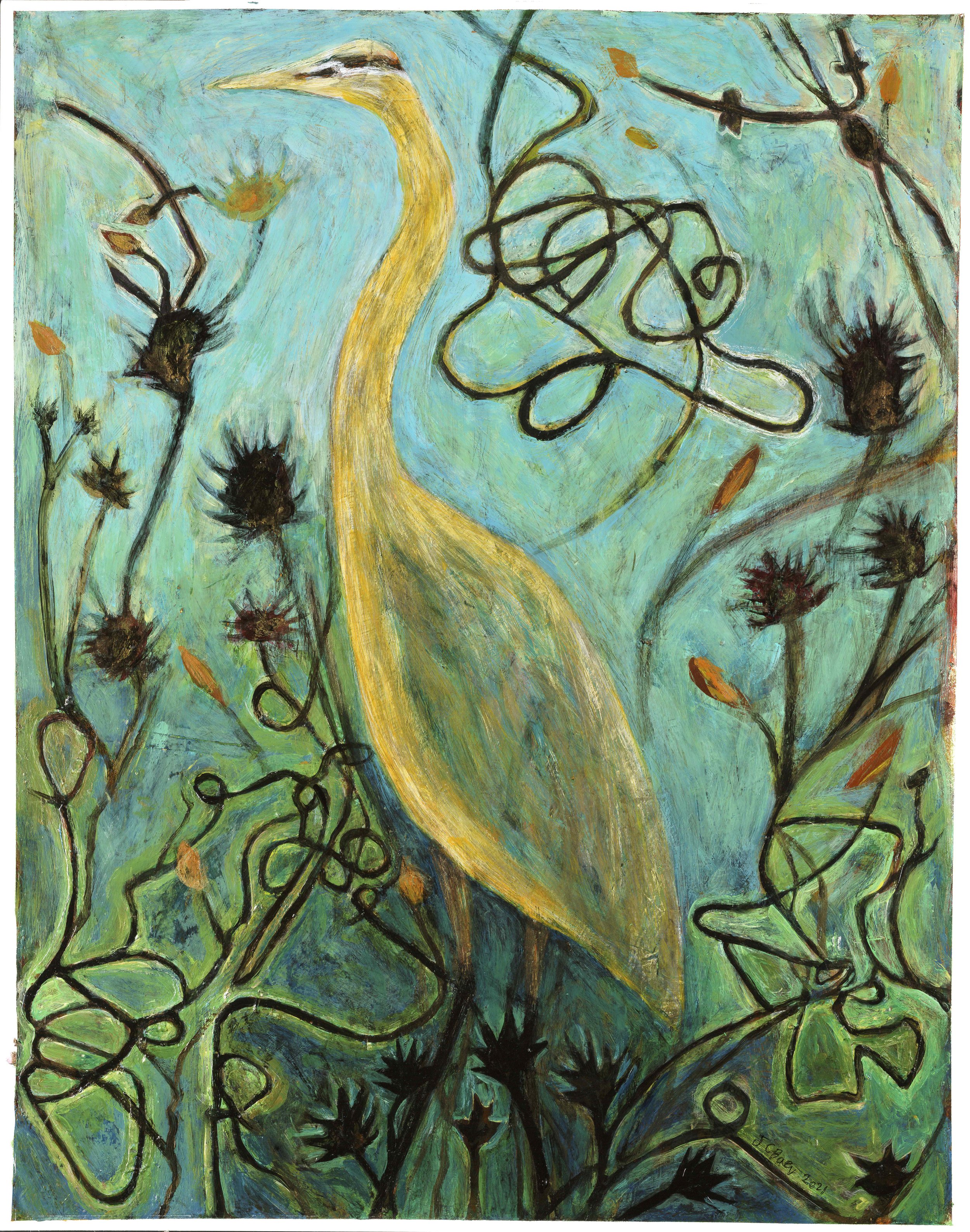 Heron, 2021, 29 x 22, acrylic and collage on paper, $2500 framed