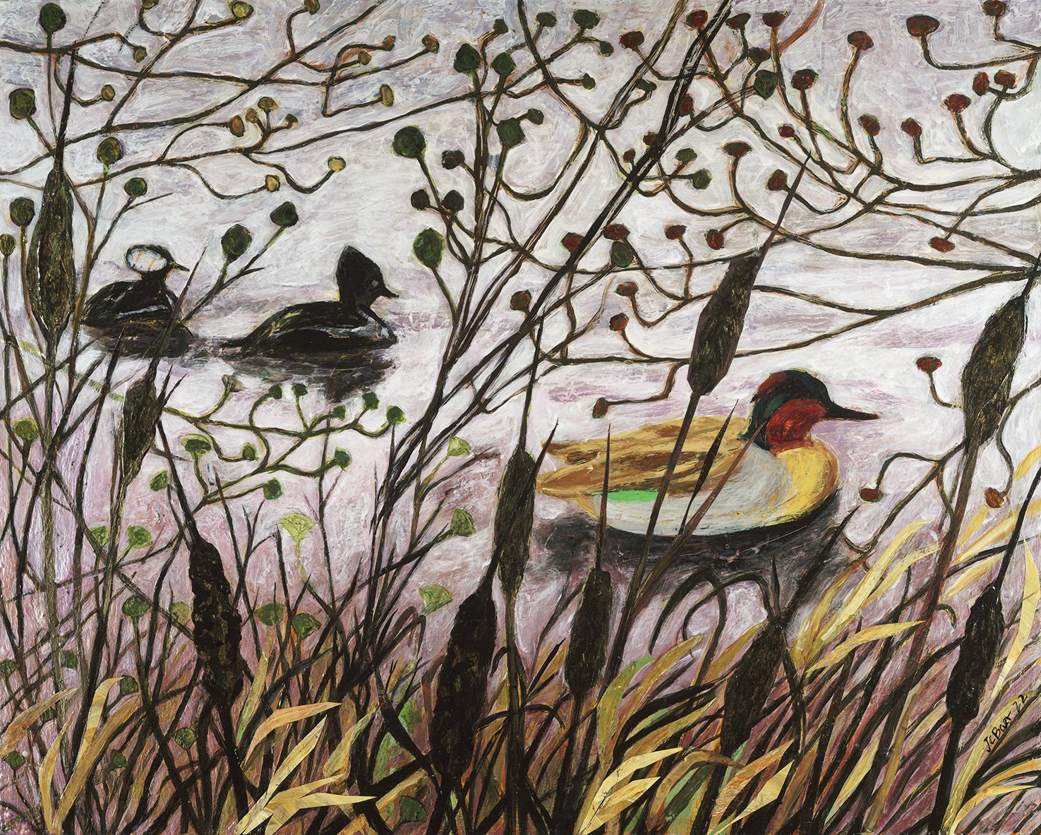 Green-Winged Teal, Hooded Mergansers, 2022, 24x30”, mixed media on wood panel, $2800