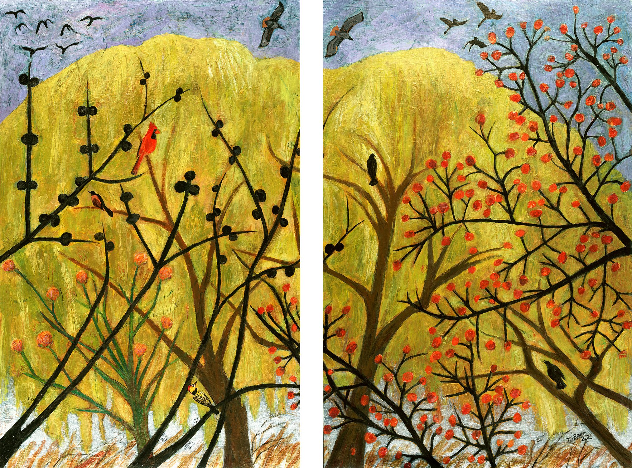 Willow Hawk, 2022, acrylic and collage on paper, diptych: overall dimensions 33x44”, SOLD