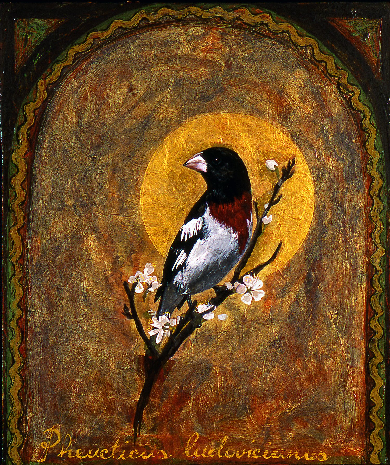 Rose Breasted Grosbeak II, 2001, 23 ½ x 19 ½, gouache and acrylic on wood, Donated