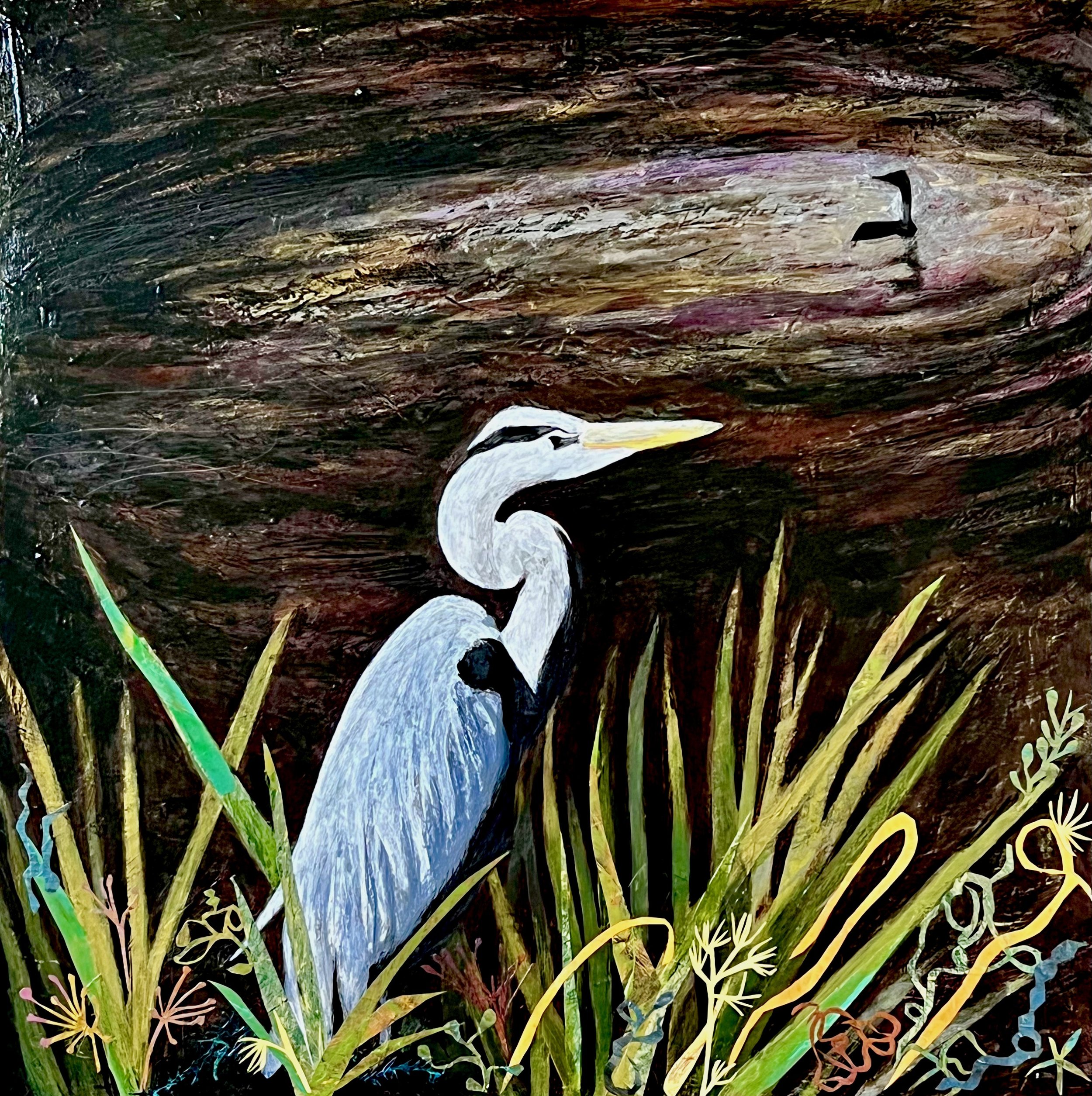 Heron Cormorant, 2022, acrylic and collage on wood panel, 30x30x2”, $2900 unframed