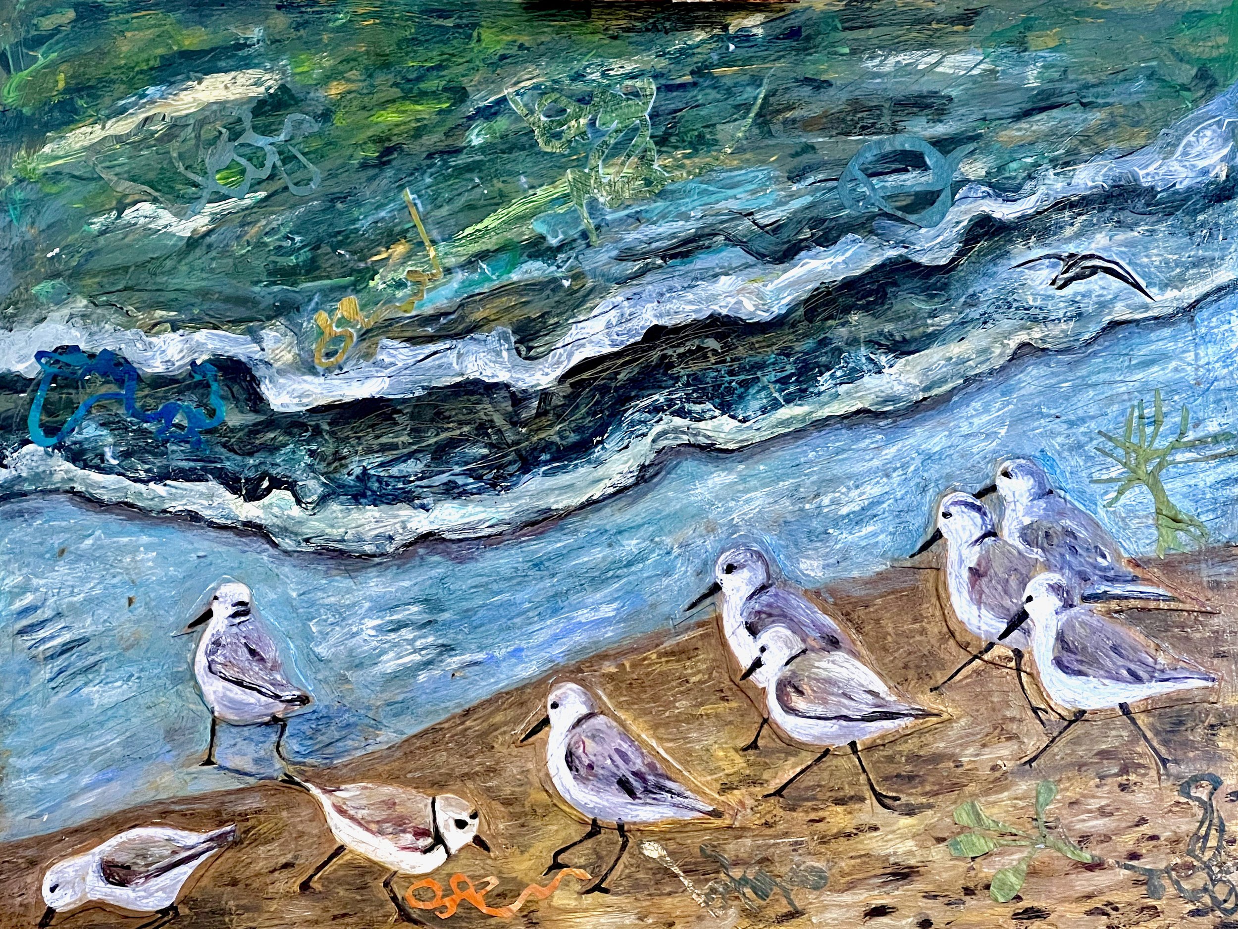 Sanderling Plover, 2022, mixed media on wood panel, 18x24”, NFS