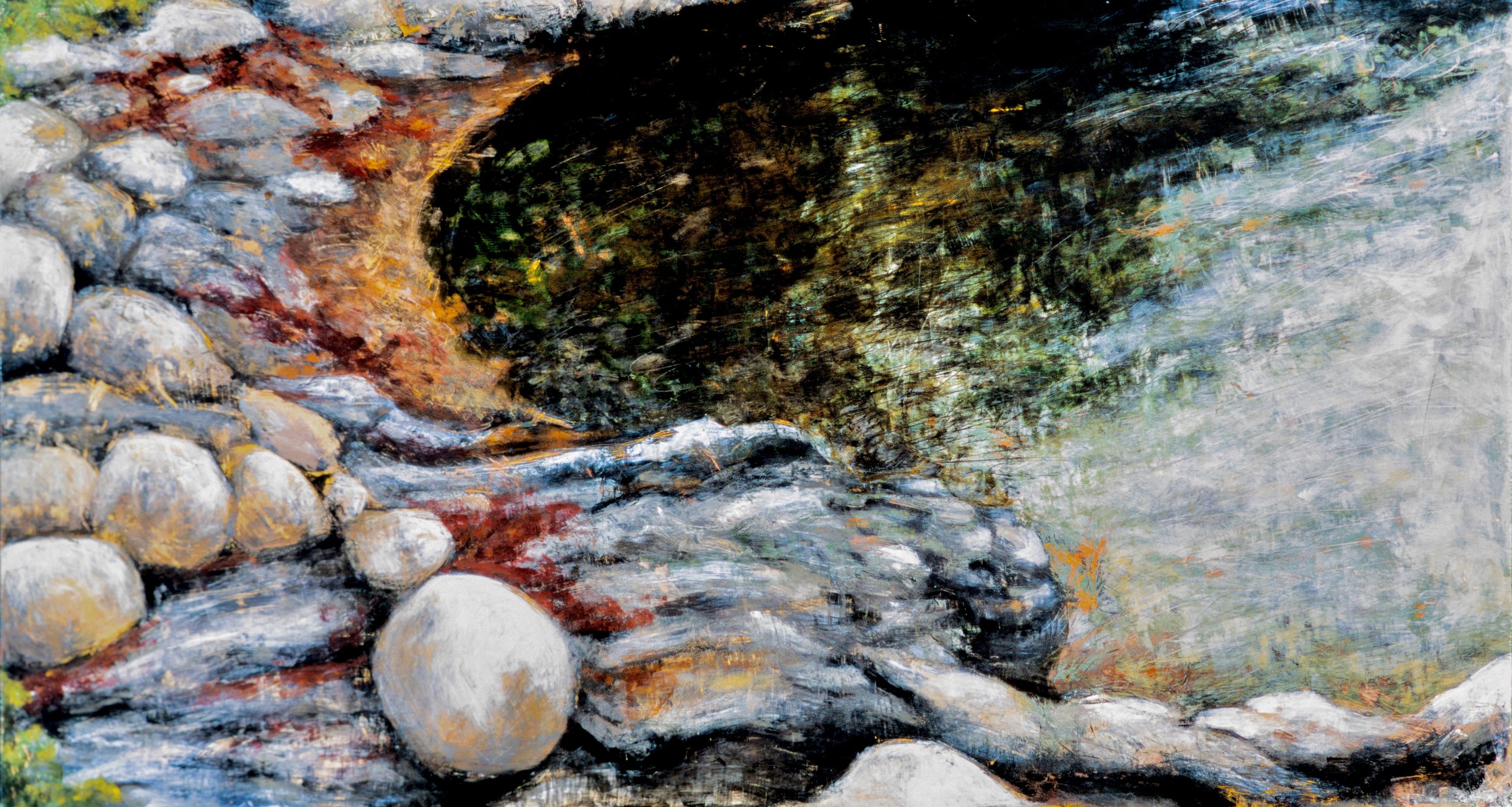 Rocky Cove, ME, 2000, 23 ½ x 43 ½, acrylic on wood panel, $2000