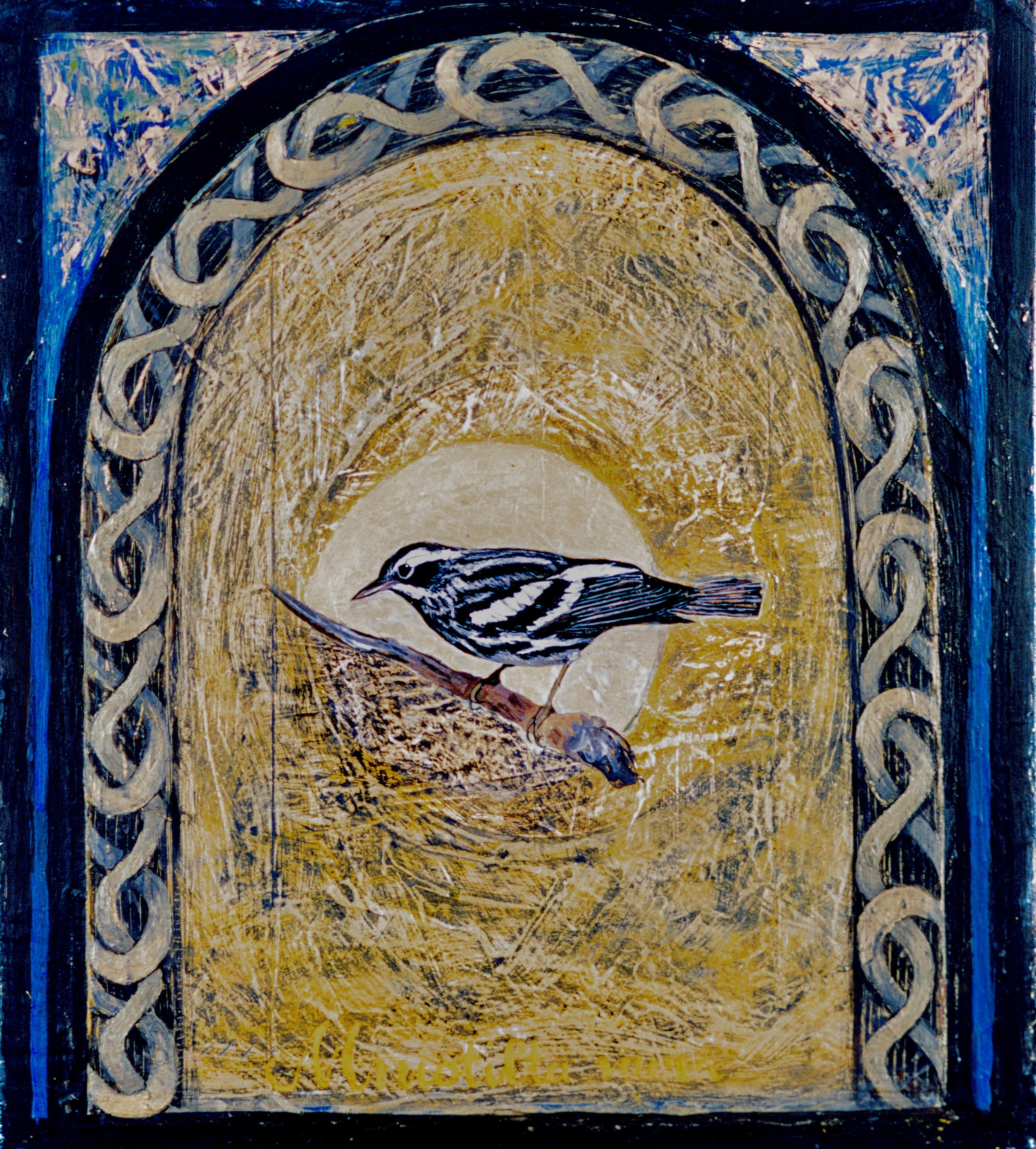 Black and White Warbler, 2001, 23 ½ x 19 ½, gouache and acrylic on wood panel, $800