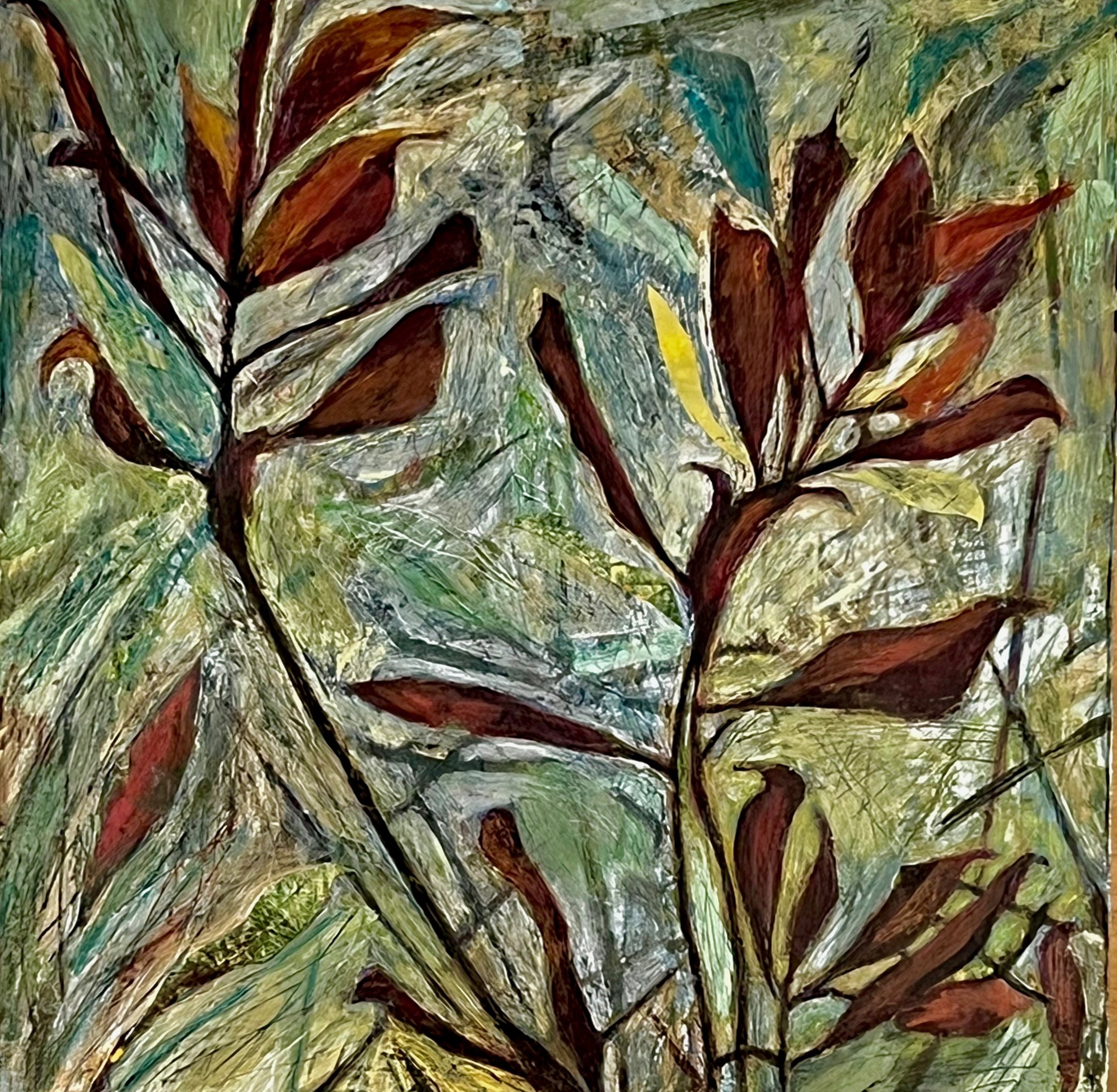 Northern Bayberry (Morella pensylvanica), 2022, acrylic and collage on wood panel, 12x12”, $700