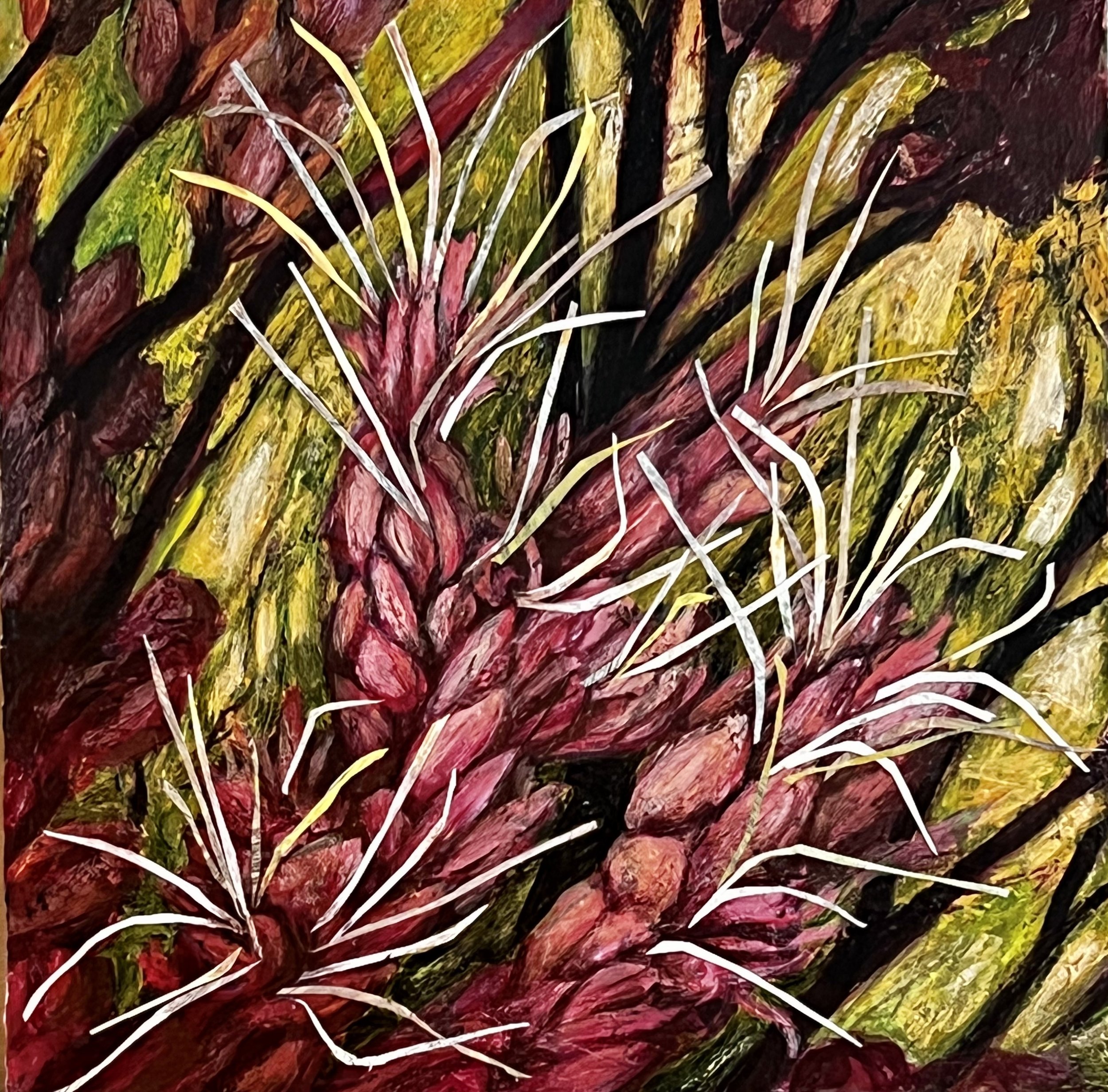 Purple Joe-Pye Weed (Eutrochium purpureum), 2022, acrylic and collage on wood panel, 12x12”, $700