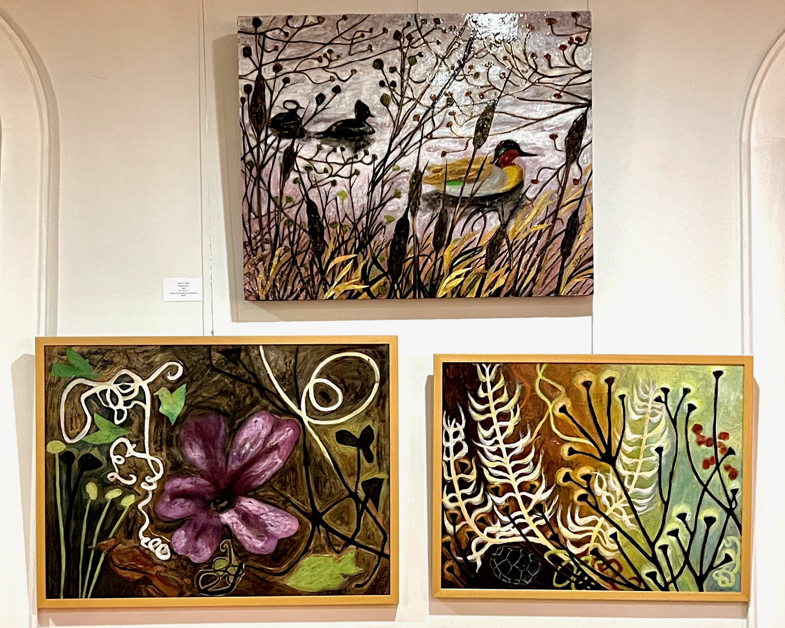 Nature Paintings, Arts at the Armory, Somerville, MA 2022, Wood Duck, Purple Flower, and One Turtle 