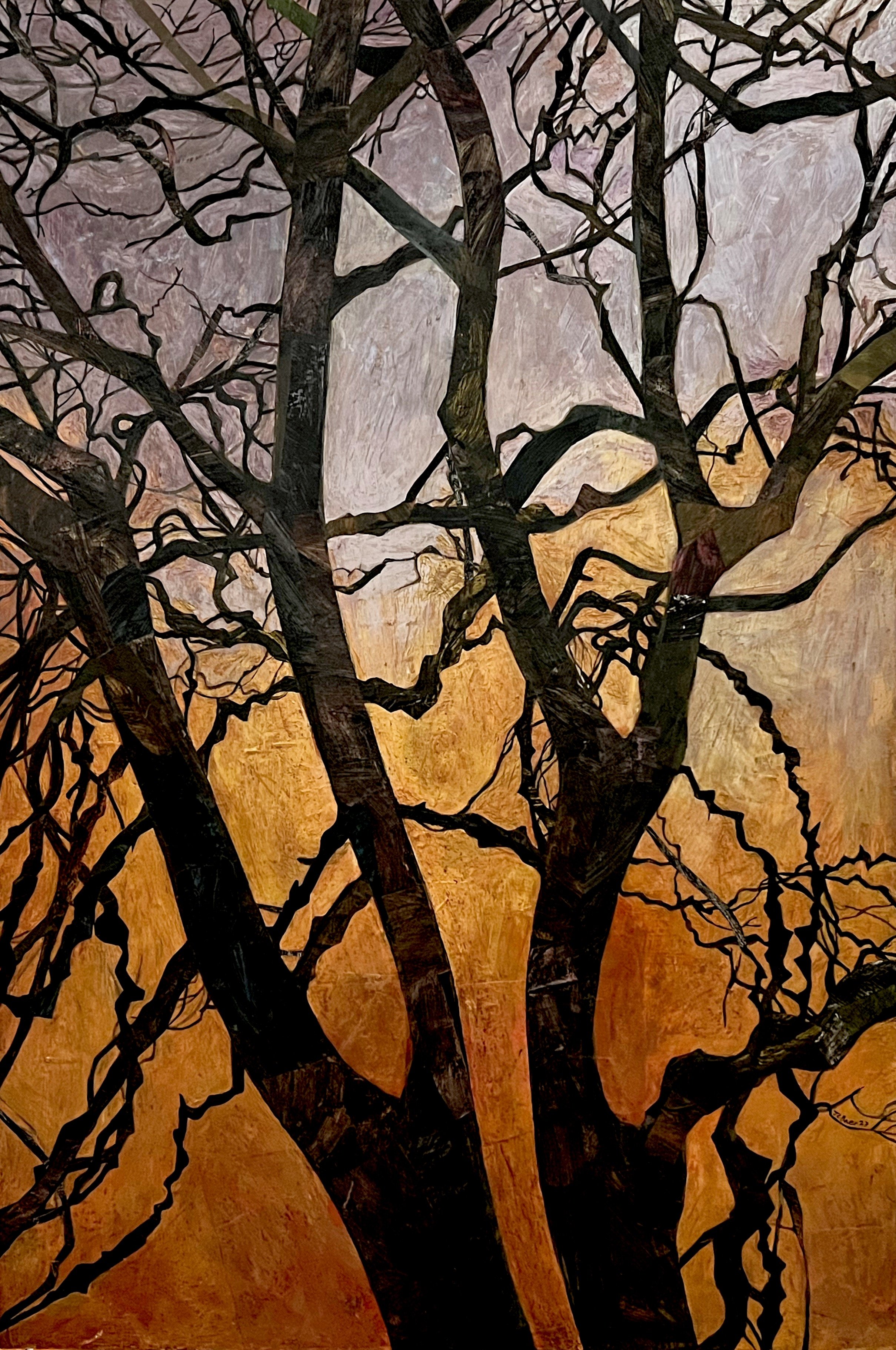 Japanese Pagoda Tree (Styphnolobium japonicum), 2023, Acrylic and collage on wood panel, 48x32”, $3000