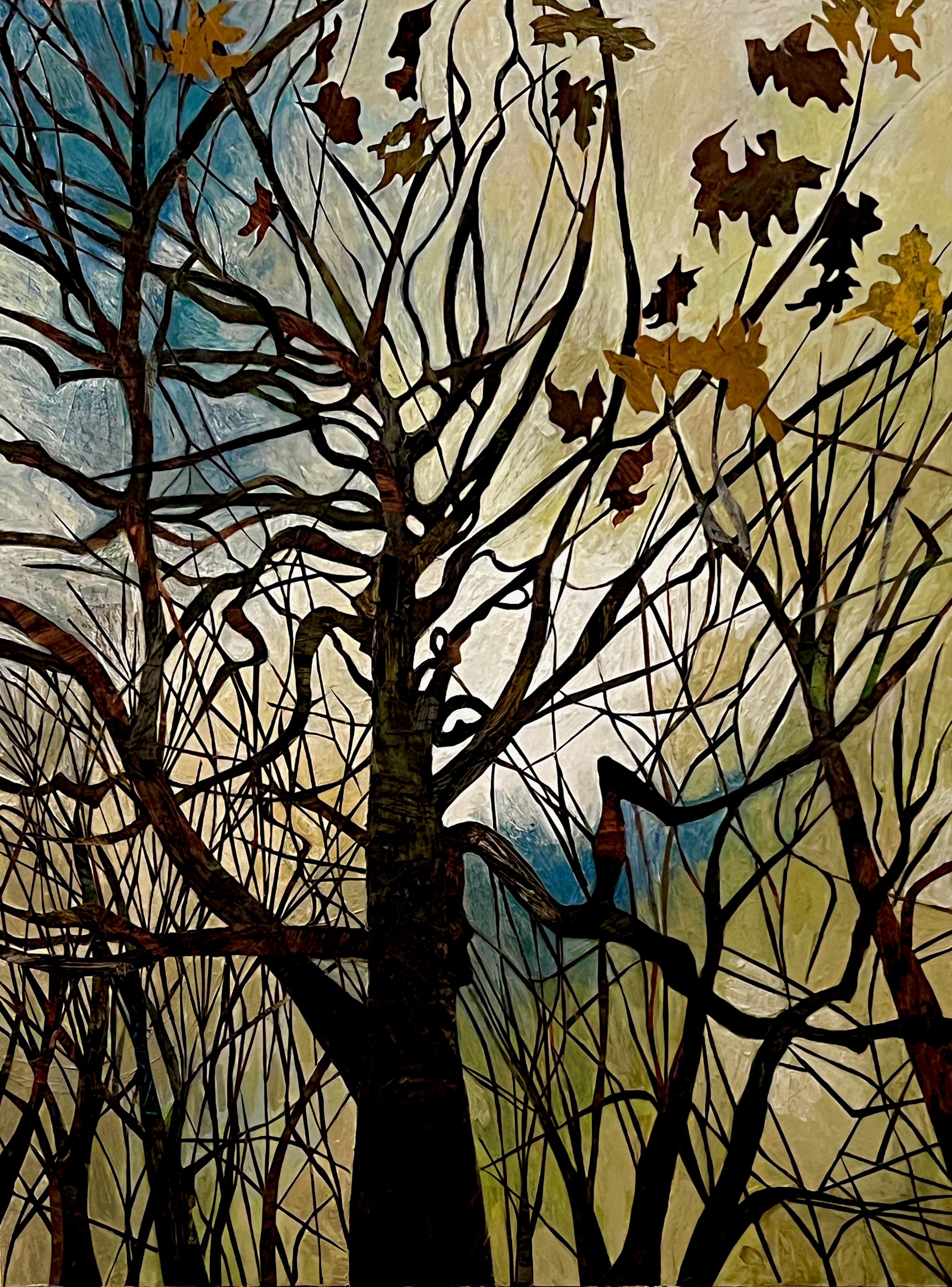 White Oak (Quercus alba), 2023, Acrylic and collage on wood panel, 48x36”, $3000