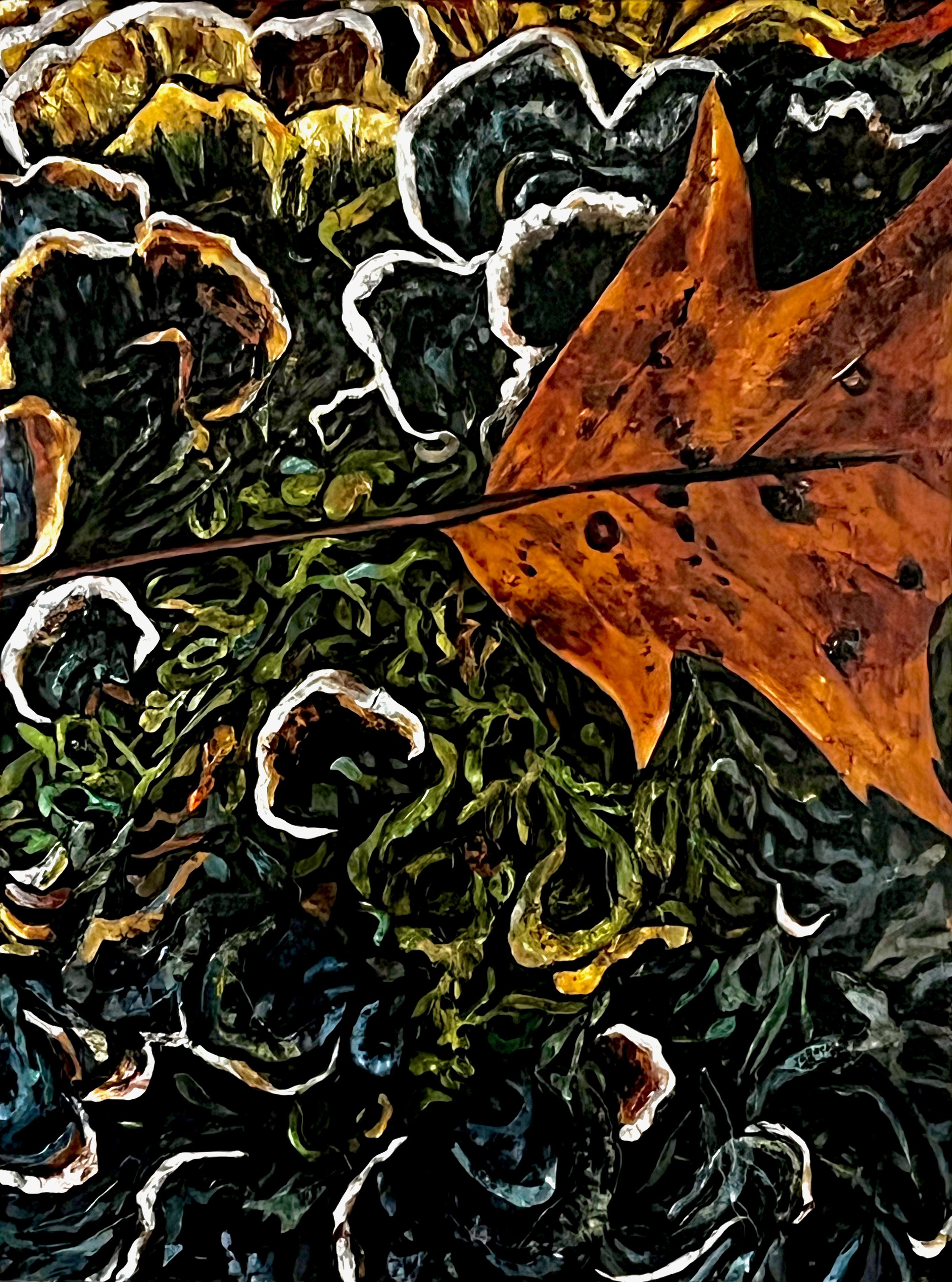 Northern Red Oak Leaf (Quercus rubra), 2024, Mixed media on wood panel, 40x30”, $2500