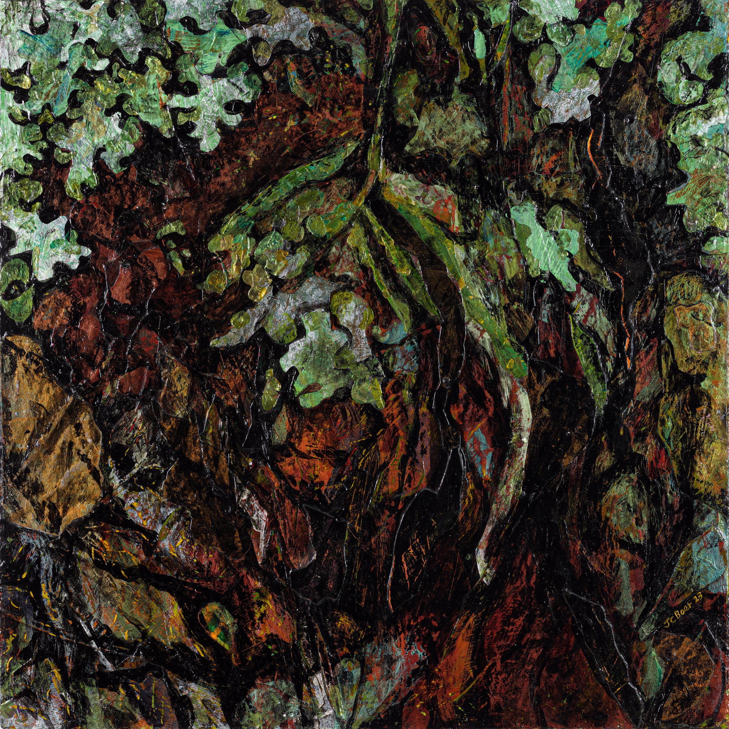 Black Cherry (Prunus serotina), 2023, Mixed media on wood panel, 24x24”, $1600