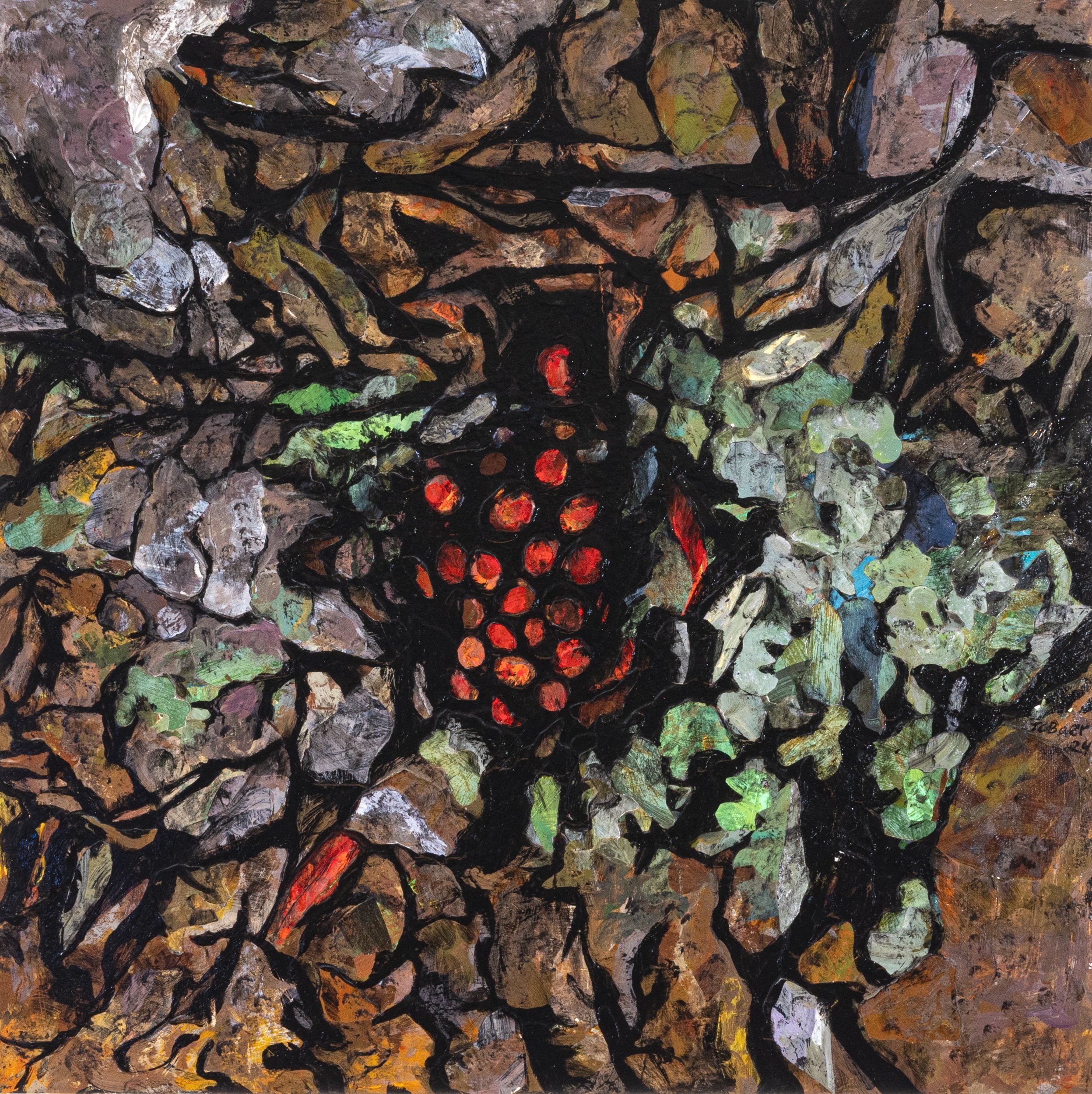 British Soldiers Lichen (Cladonia criststella), 2024, Mixed media on wood panel, 24x24”, $1600