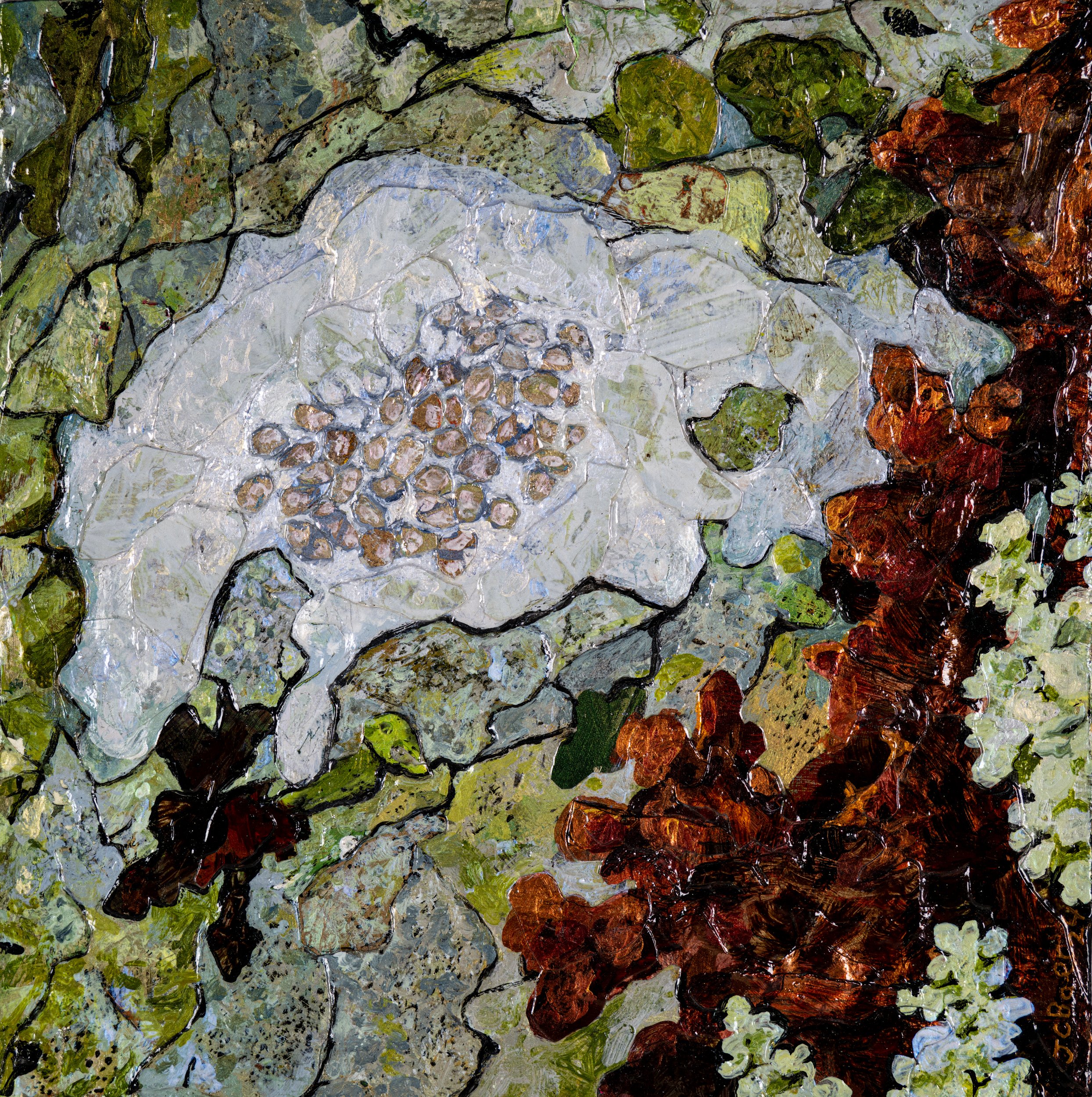 Lecanora Lichen, 2024, Mixed media on wood panel, 12x12”, $800