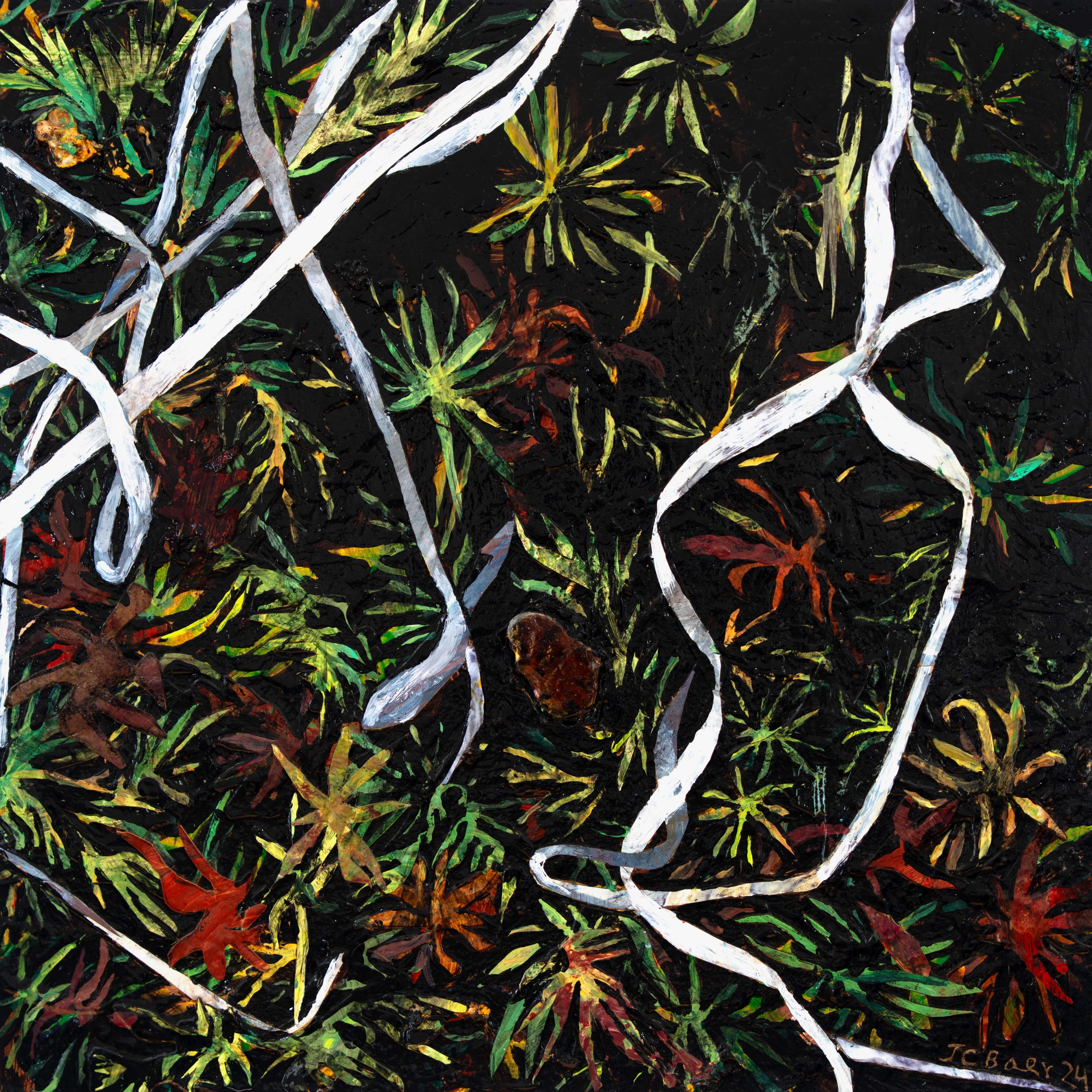 Juniper Haircap (Polytrichum juniperinum), 2024, Mixed media on wood panel, 12x12x2”, $800