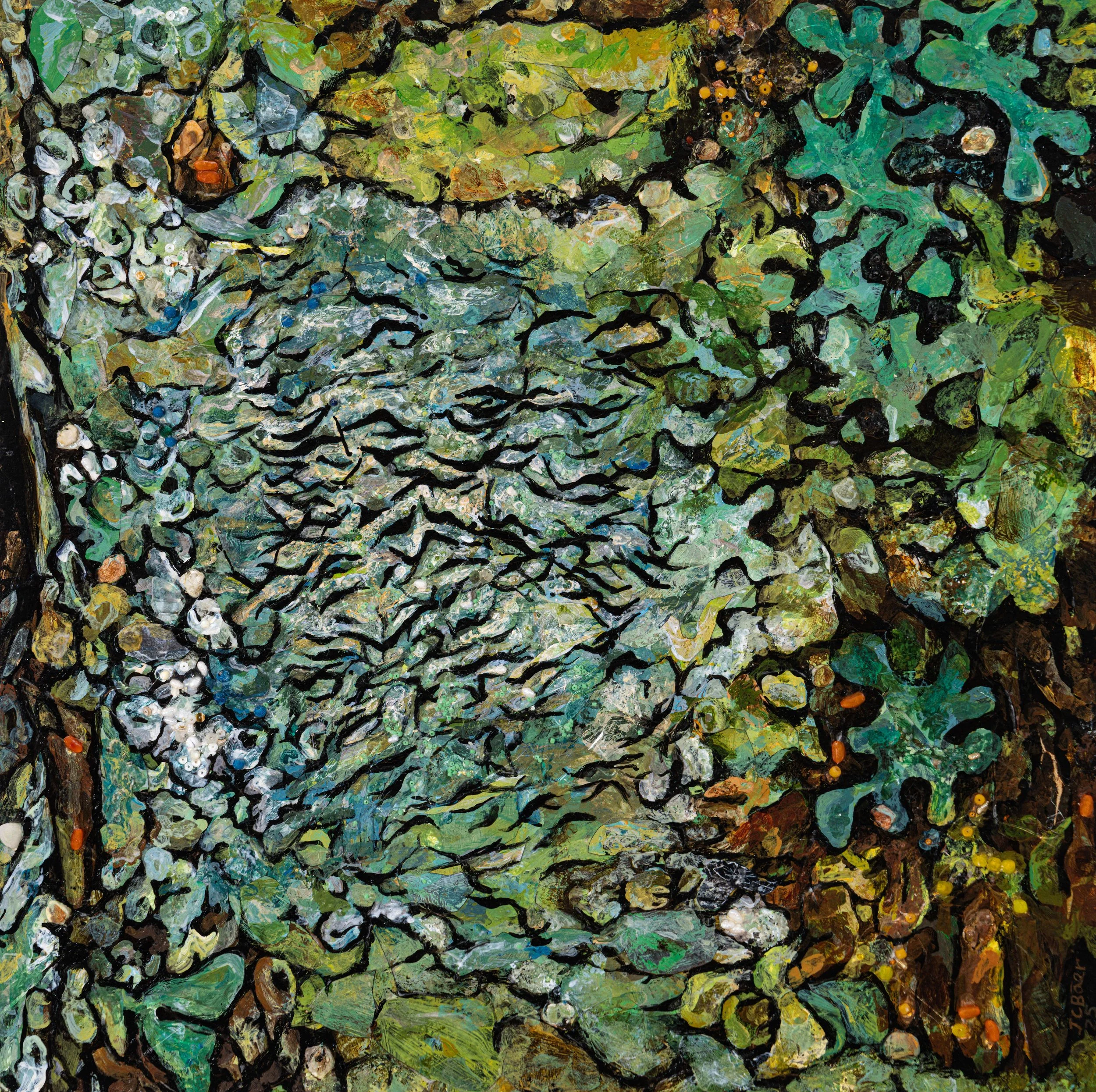 Script Lichen (Graphis scripta), 2025, Mixed media on wood panel, 24x24x2”, $1600 