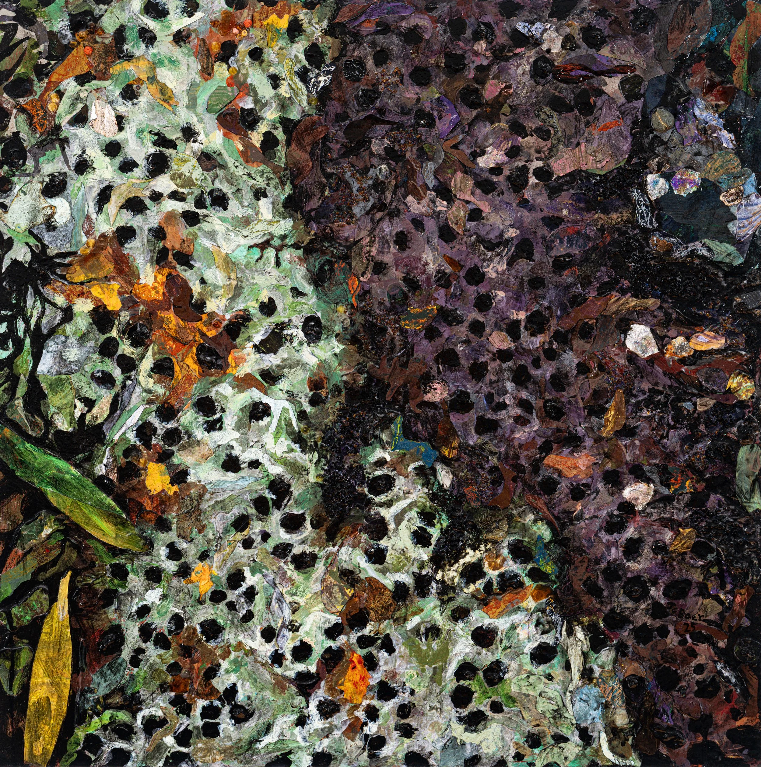 Crater lichen (Diploschistes muscorum), 2025, Mixed media on wood panel, 24x24x2”, $1600