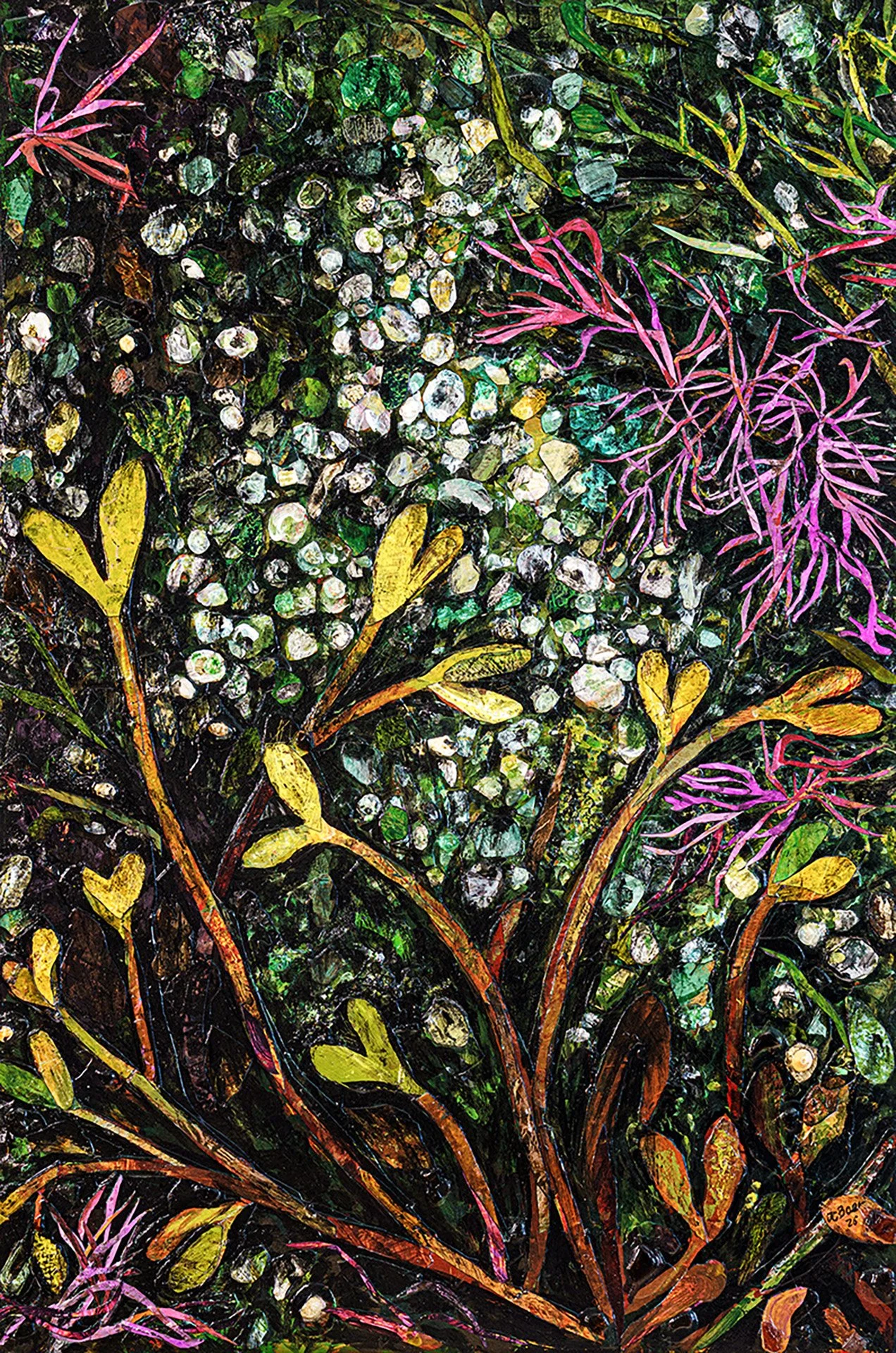 Succulent Seaweed (Sarcodiotheca gaudichaudii), 2026, Mixed media (acrylic, painted paper, stones, shells, seaglass, glass beads) on wood panel, 32x22x2”, $2900 
