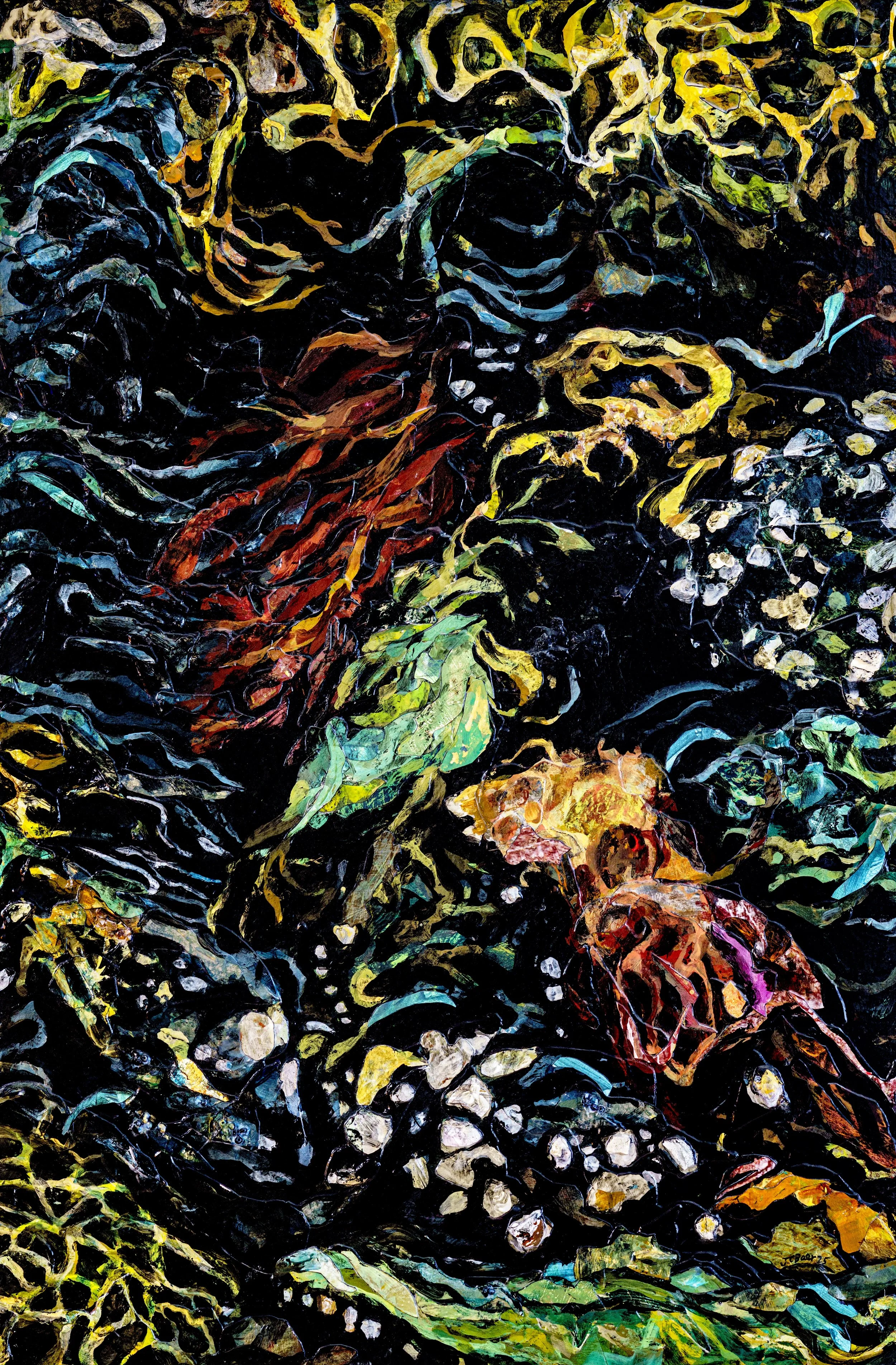 Pacific Tidepool, 2025, Mixed media (acrylic, painted paper, stones, shells, seaglass, glass beads) on wood panel, 32x22x2”, $2900 