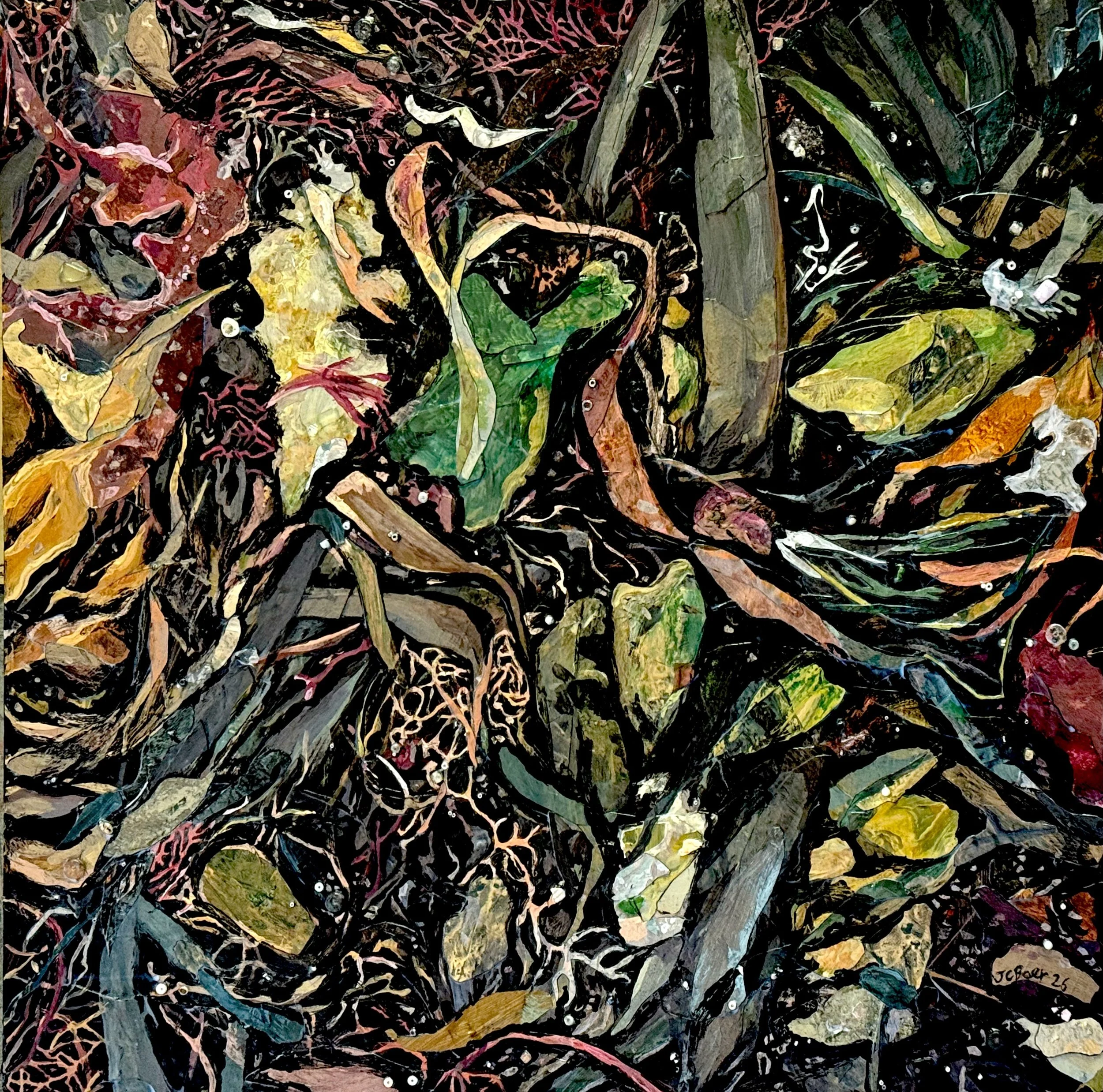 Salish Sea Wrack 3, 2026, (acrylic, painted paper, stones, shells, seaglass, glass beads) on wood panel, 24x24x2”, $2400
