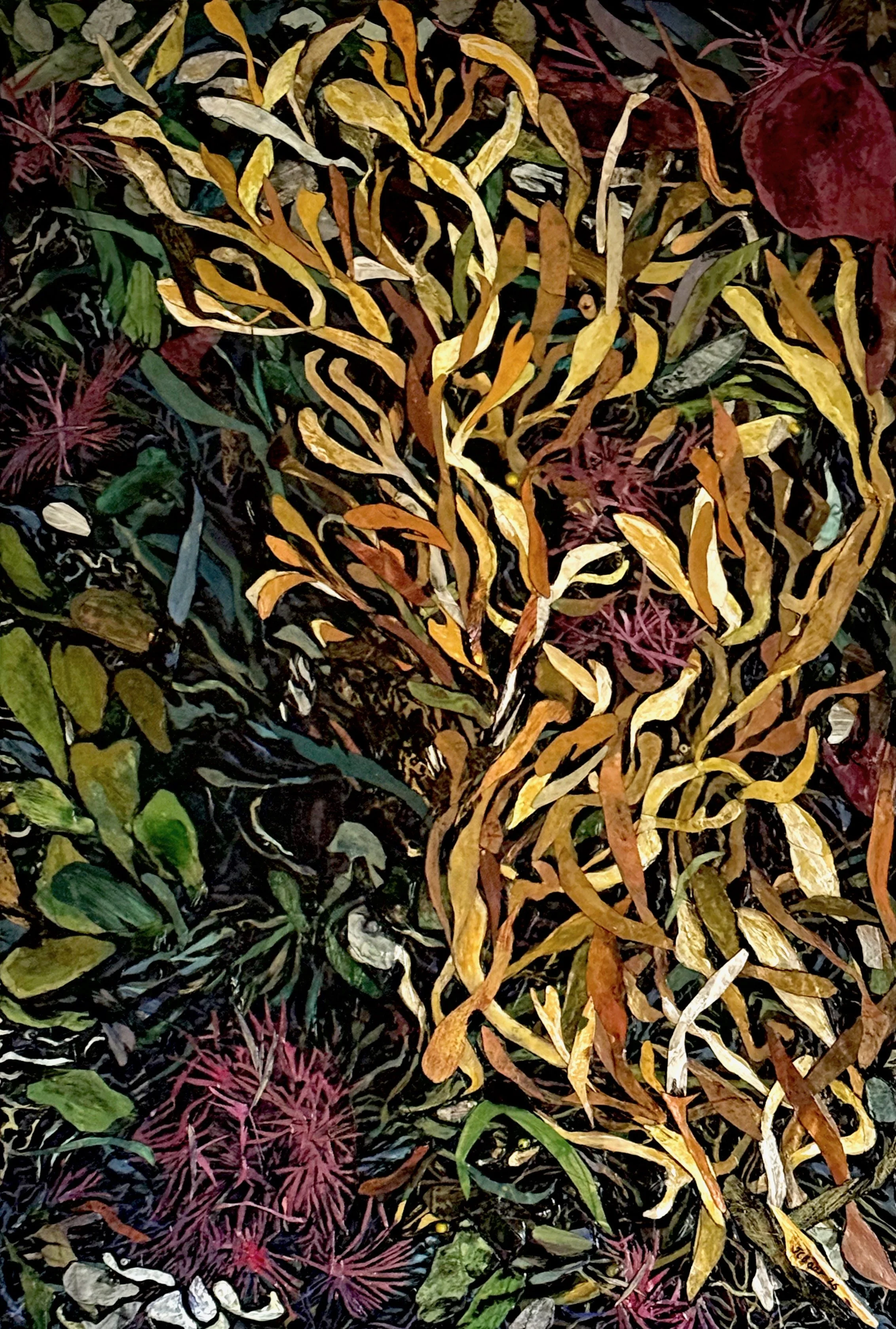 Salish Sea Wrack 2, 2026,  (acrylic, painted paper, stones, shells, seaglass, glass beads) on wood panel, 22x32x2”, $2900