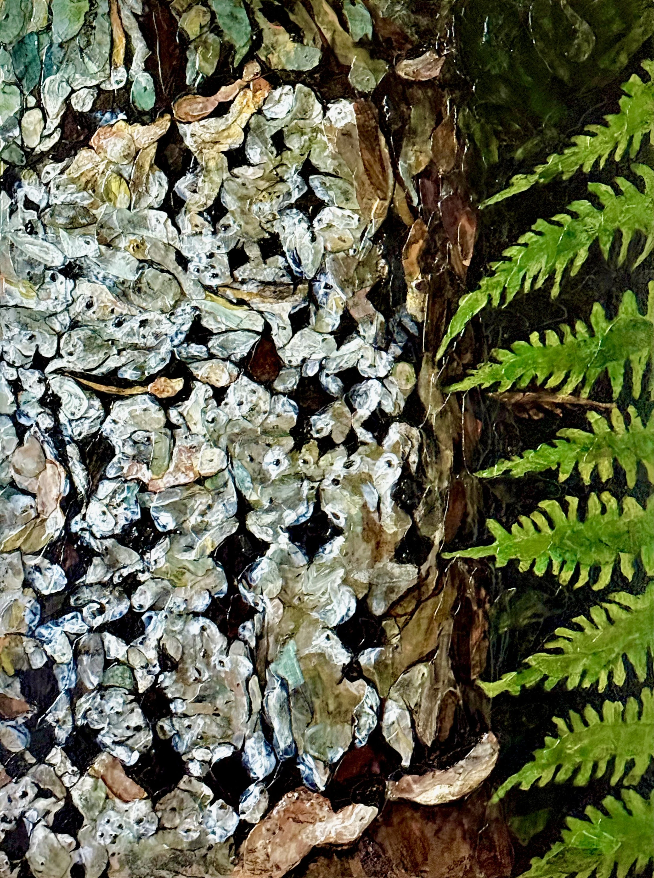 Evidence of Red-Breasted Sapsucker (Sphyrapicus ruber), 2026, (acrylic, painted paper, stones, shells, seaglass, glass beads), 40x30x2”, $4000