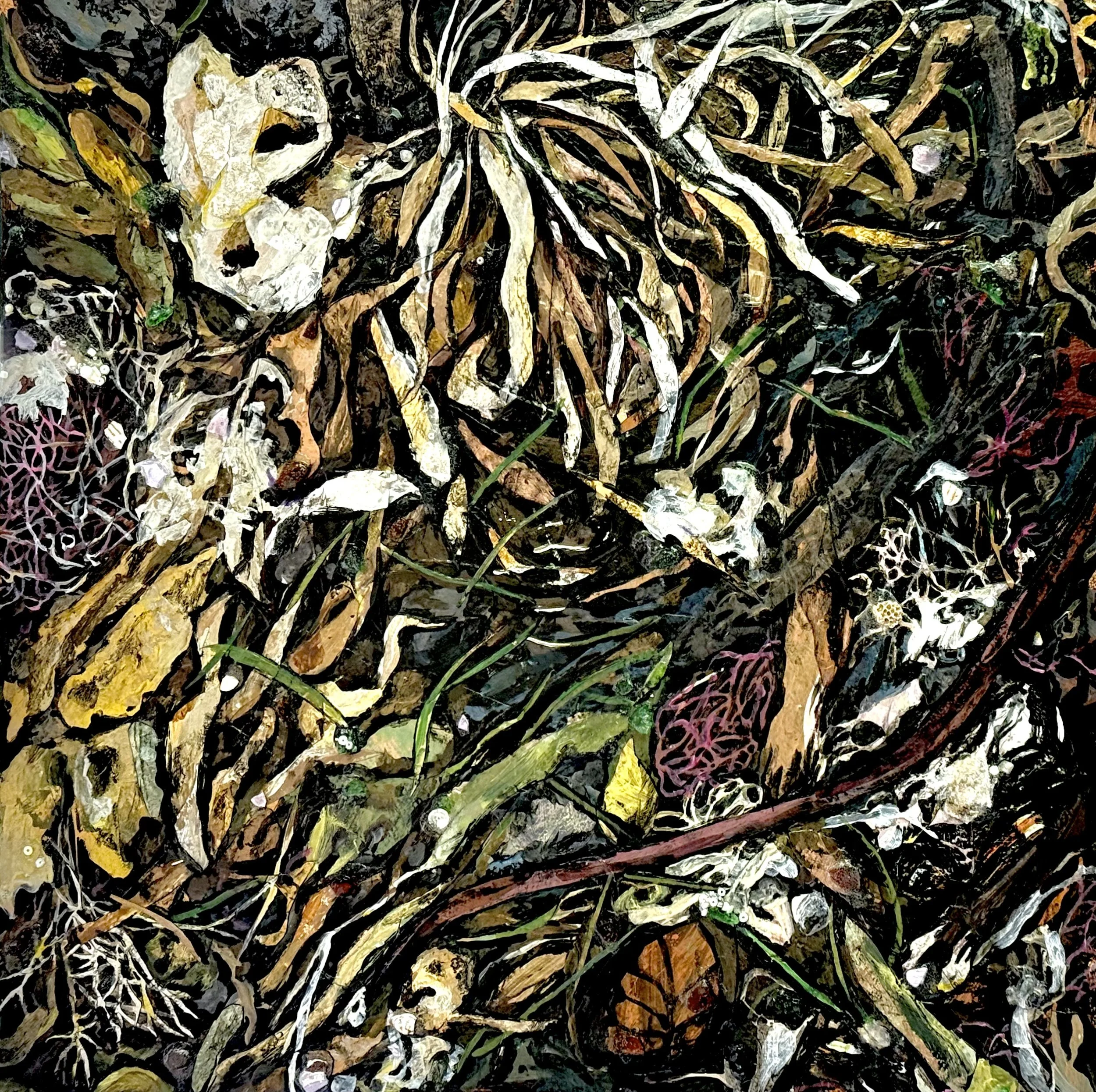 Salish Sea Wrack 4, 2026, (acrylic, painted paper, stones, shells, seaglass, glass beads) on wood panel, 24x24x2”, $2400