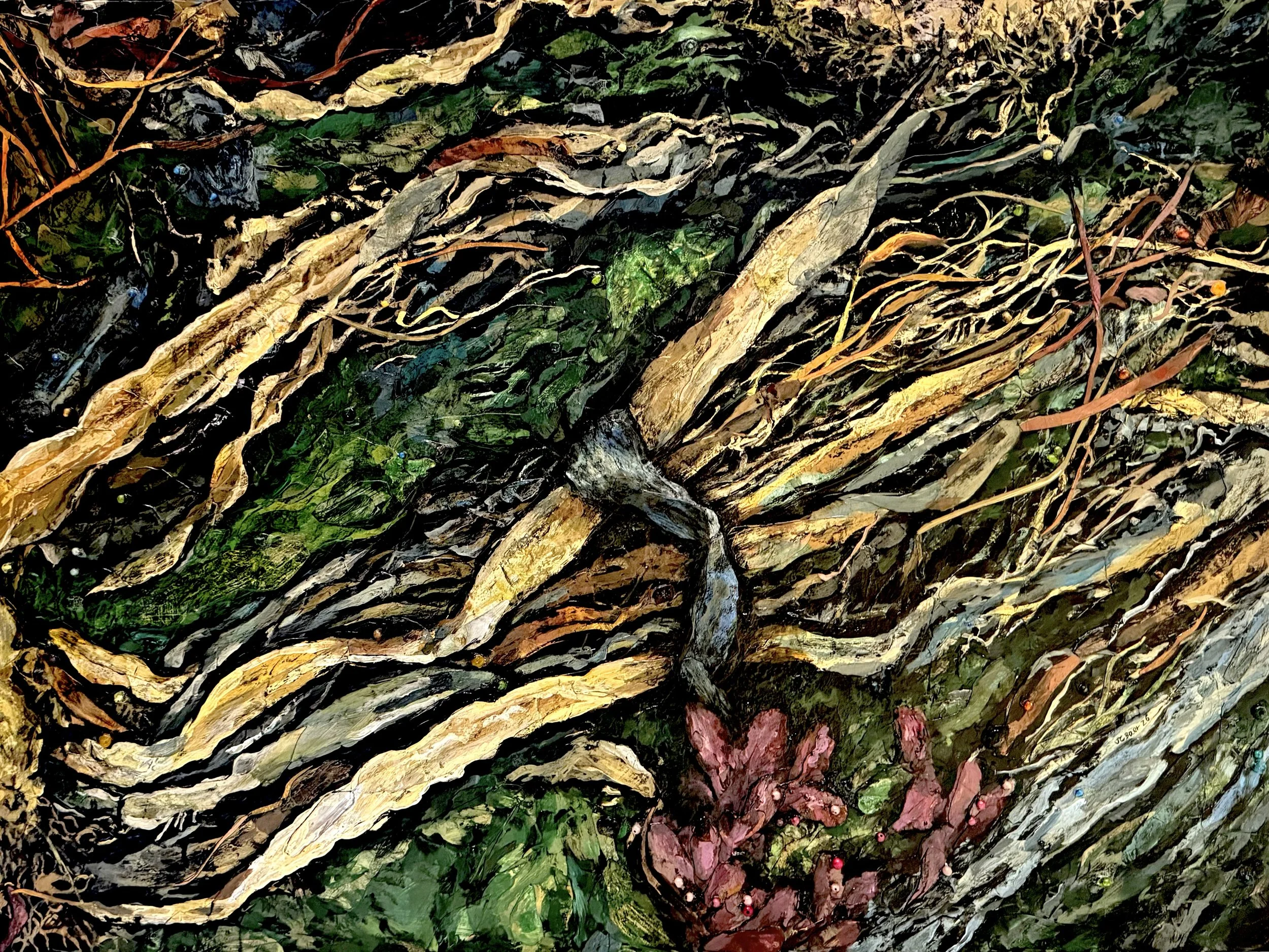 Salish Sea Wrack 5, 2026, (acrylic, painted paper, seaglass, glass beads) on wood panel, 36x48x2” $5000 