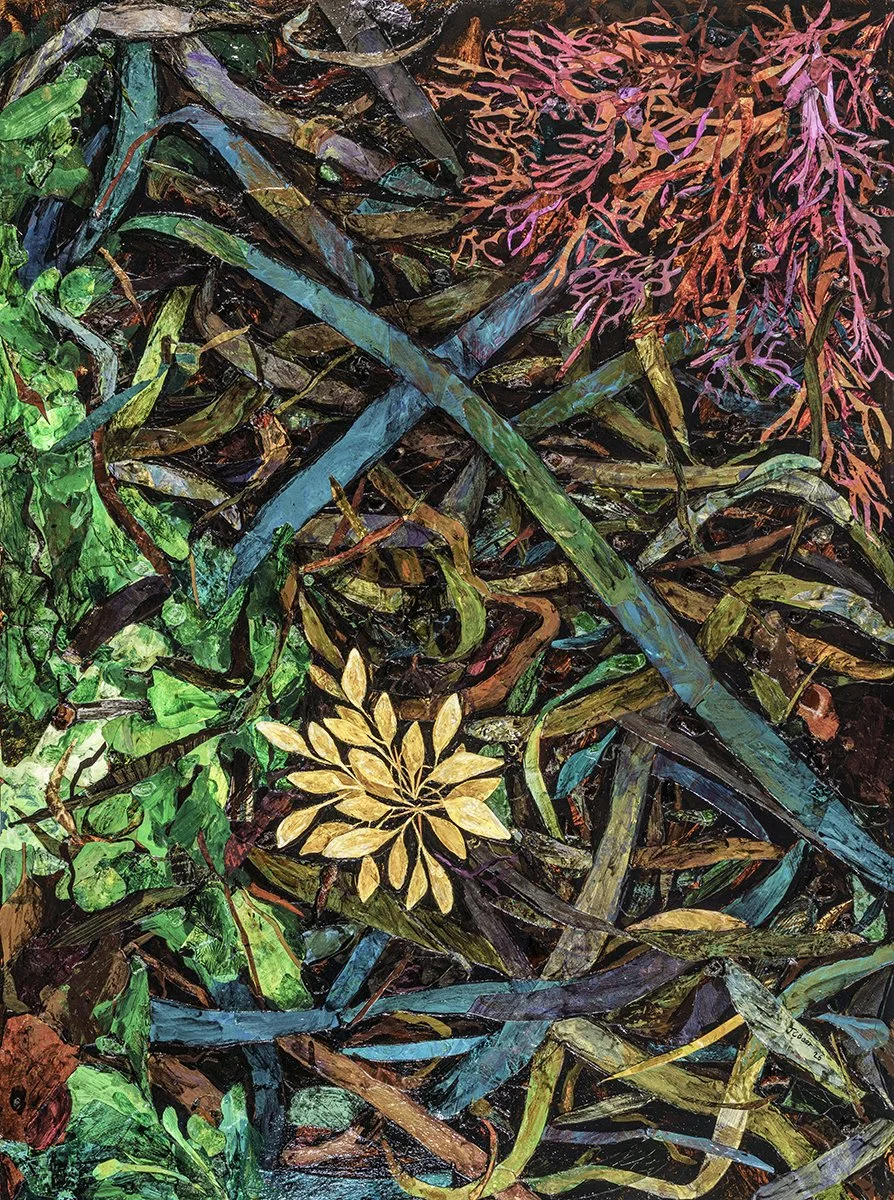 Salish Sea Wrack 1, 2026,  (acrylic, painted paper, stones, shells, seaglass, glass beads) on wood panel, l, 40x30x2”, $4000